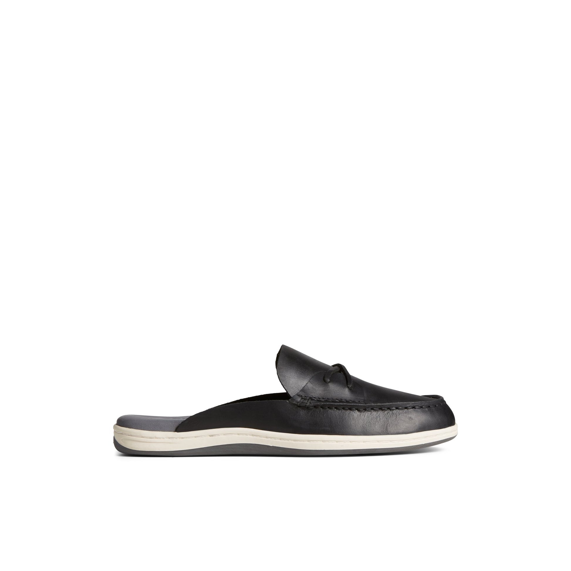 Main View of Black Mulefish Leather Boat Shoe Loafer Mule for Womens