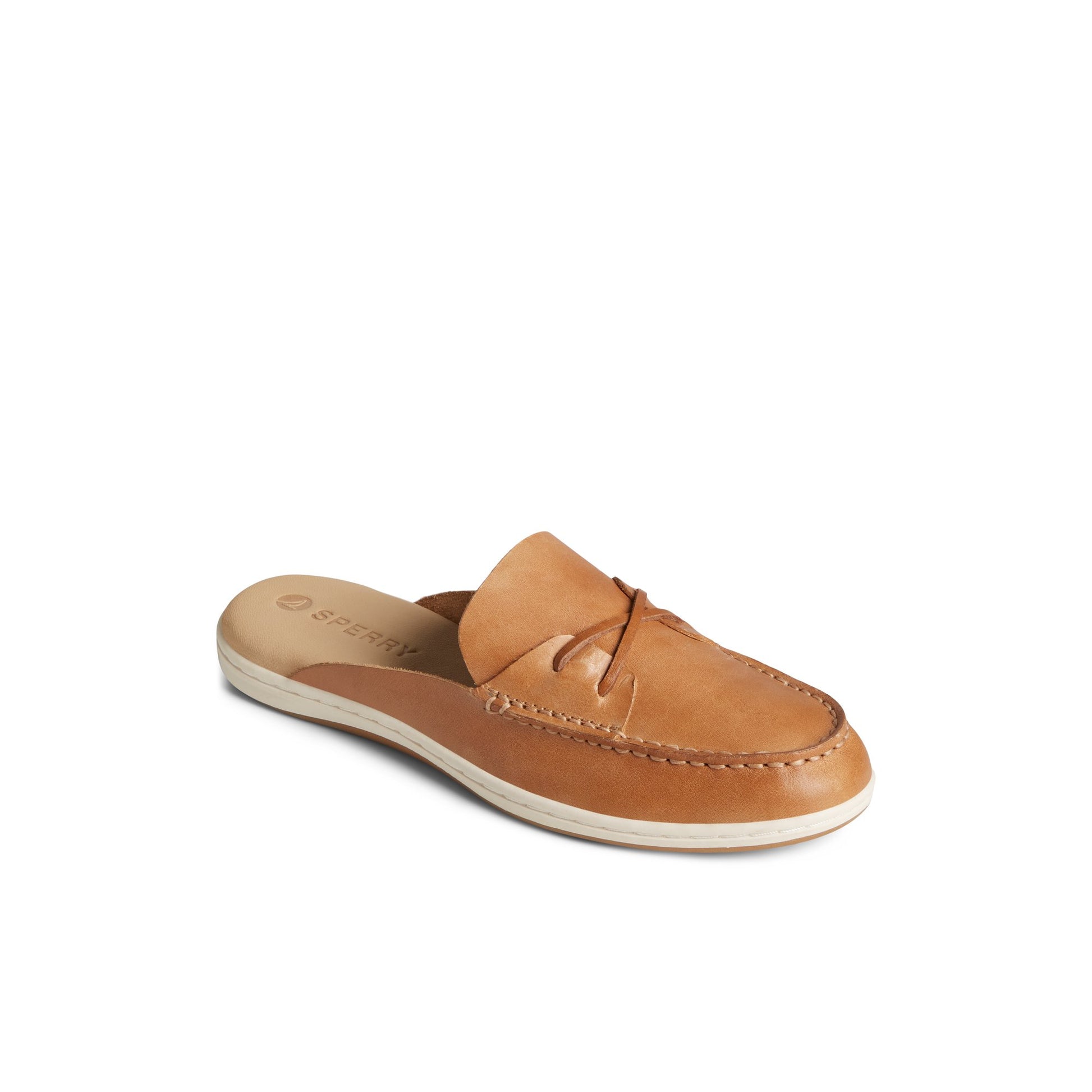 Three-quarter angle of Medium Beige Mulefish Leather Boat Shoe Loafer Mule's front side