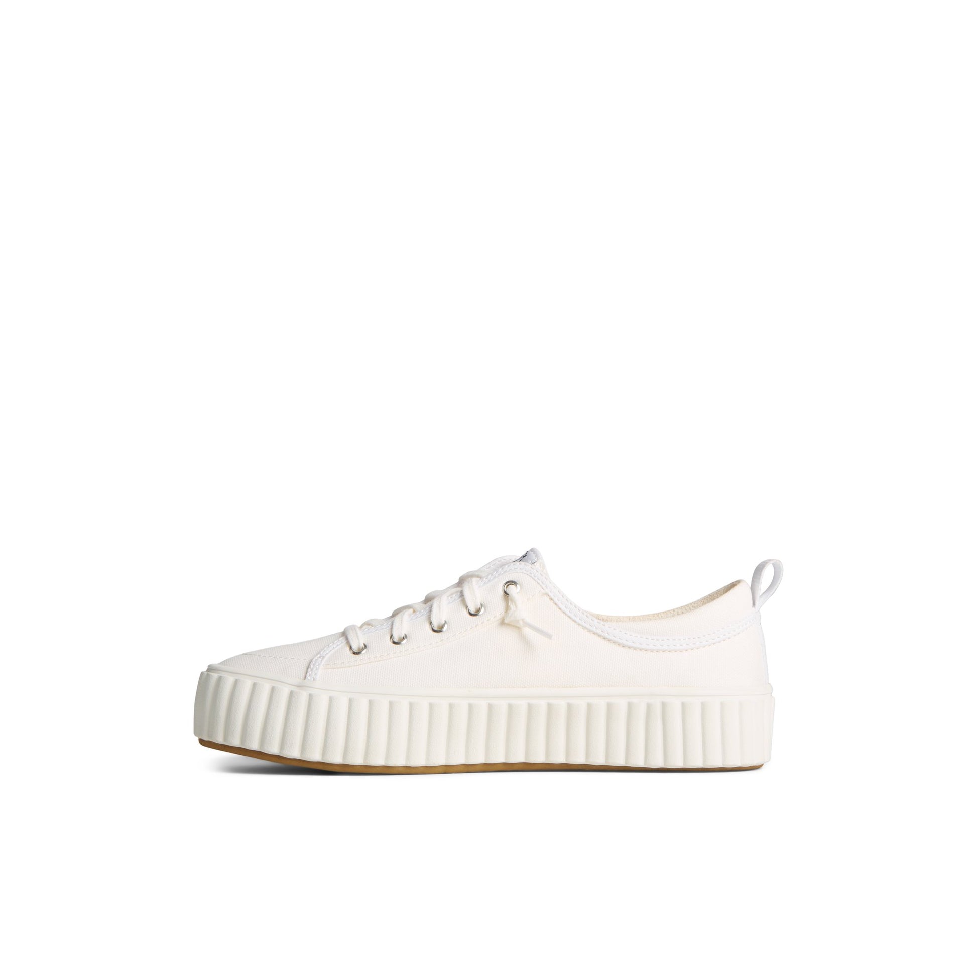 Side view of White Pier Wave Platform Lace Up Sneaker Vulcanized Sneaker
