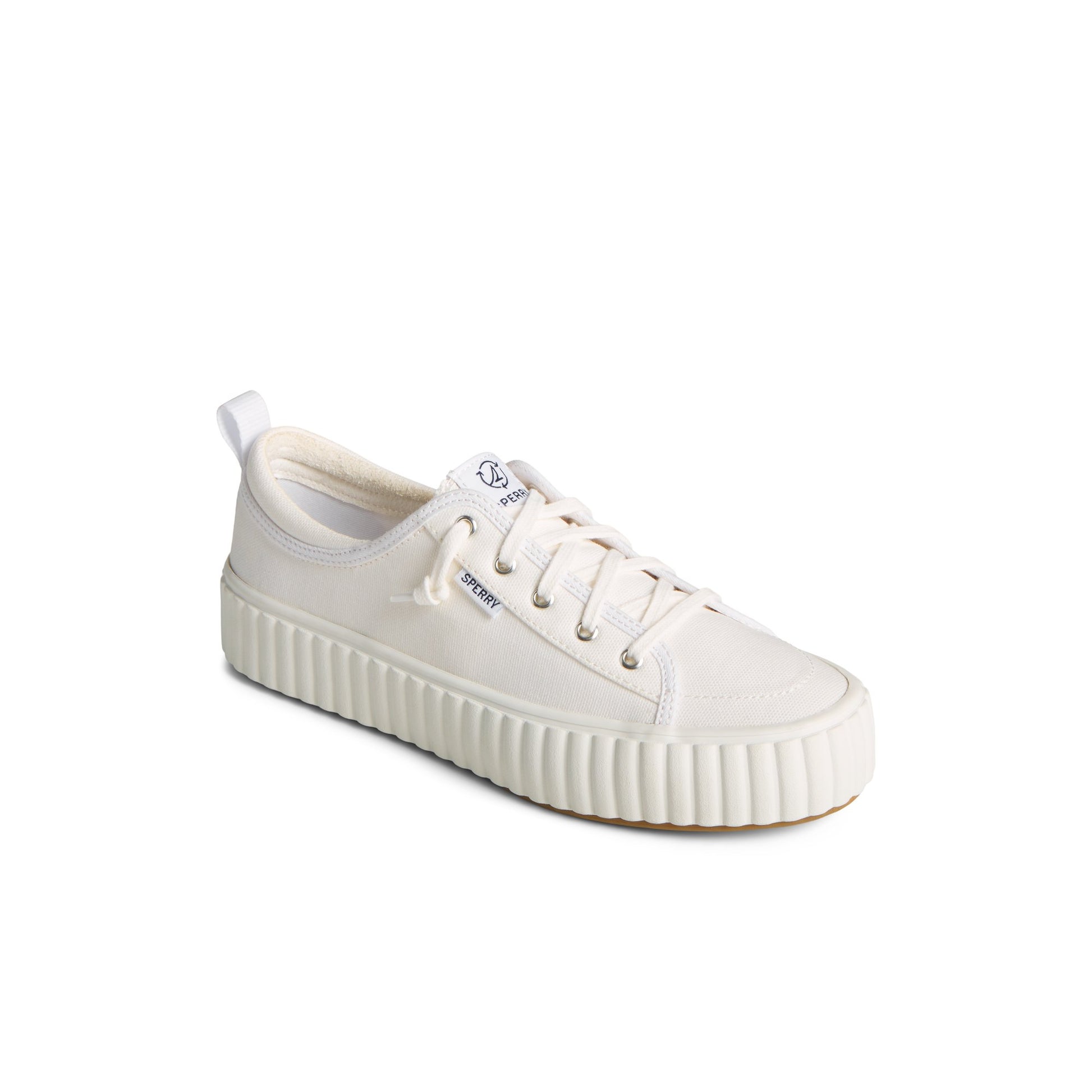 Three-quarter angle of White Pier Wave Platform Lace Up Sneaker Vulcanized Sneaker's front side