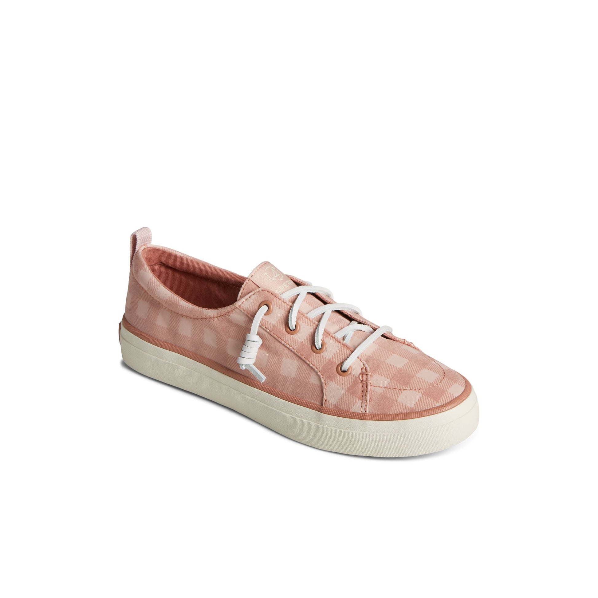 Three-quarter angle of Medium Pink Crest Vibe Gingham Sneaker Vulcanized Sneaker's front side