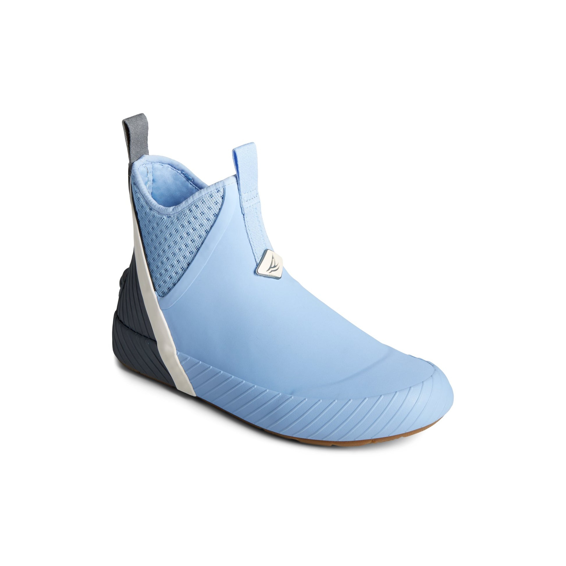 Three-quarter angle of Light Blue Cutwater Deck Boot Chelsea Rain Boot's front side