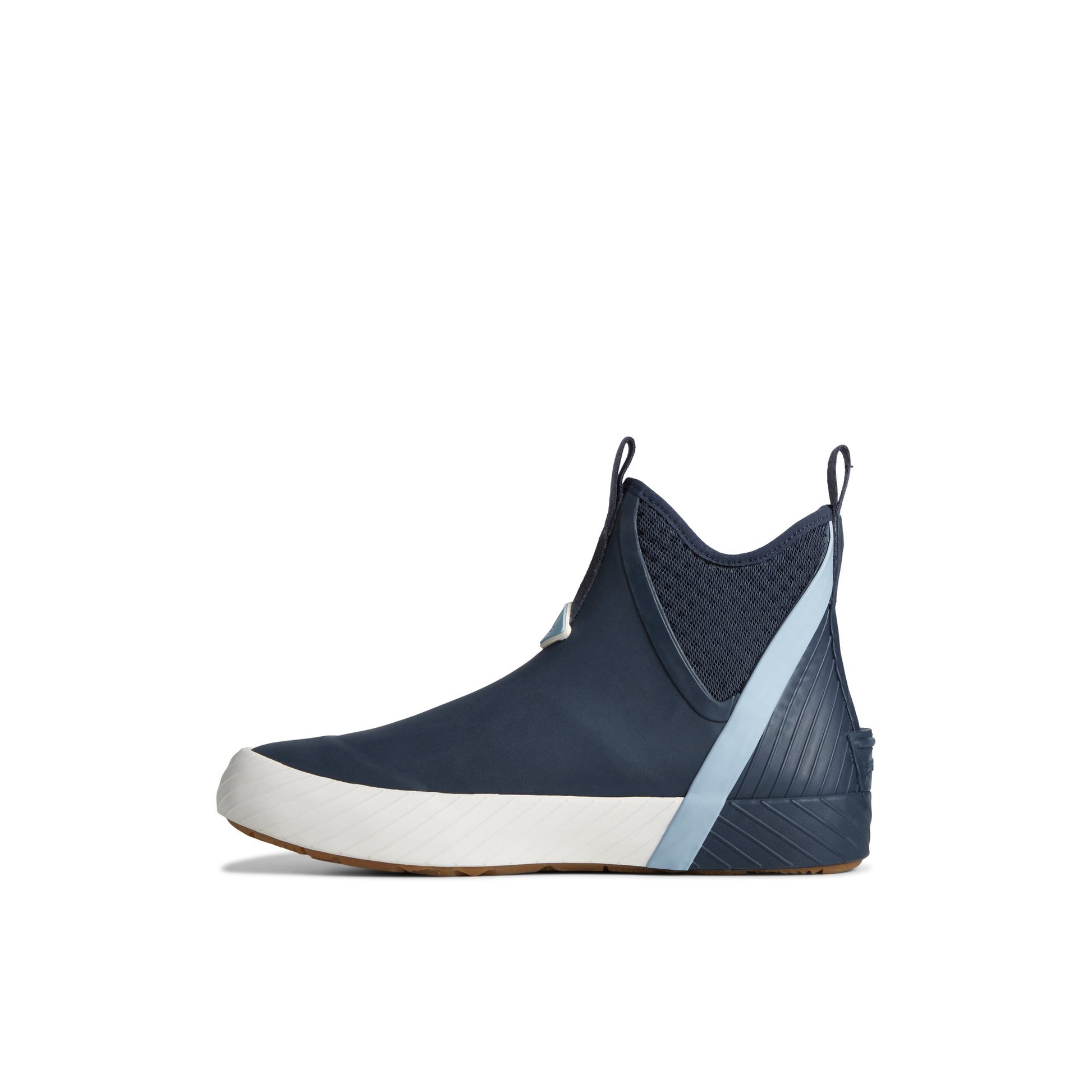 Side view of Navy Cutwater Deck Boot Chelsea Rain Boot