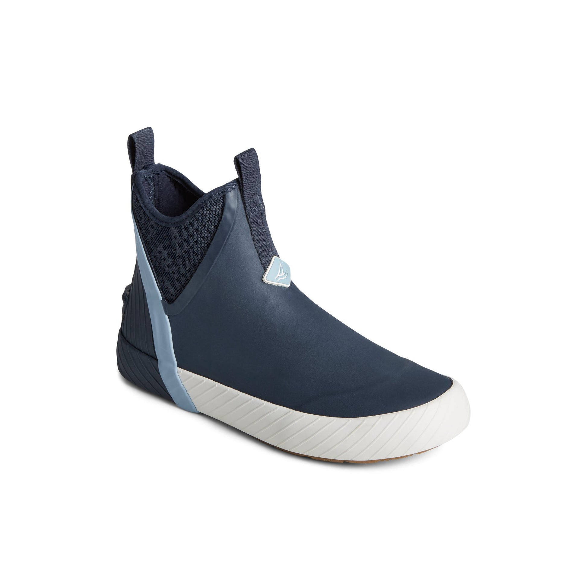 Three-quarter angle of Navy Cutwater Deck Boot Chelsea Rain Boot's front side