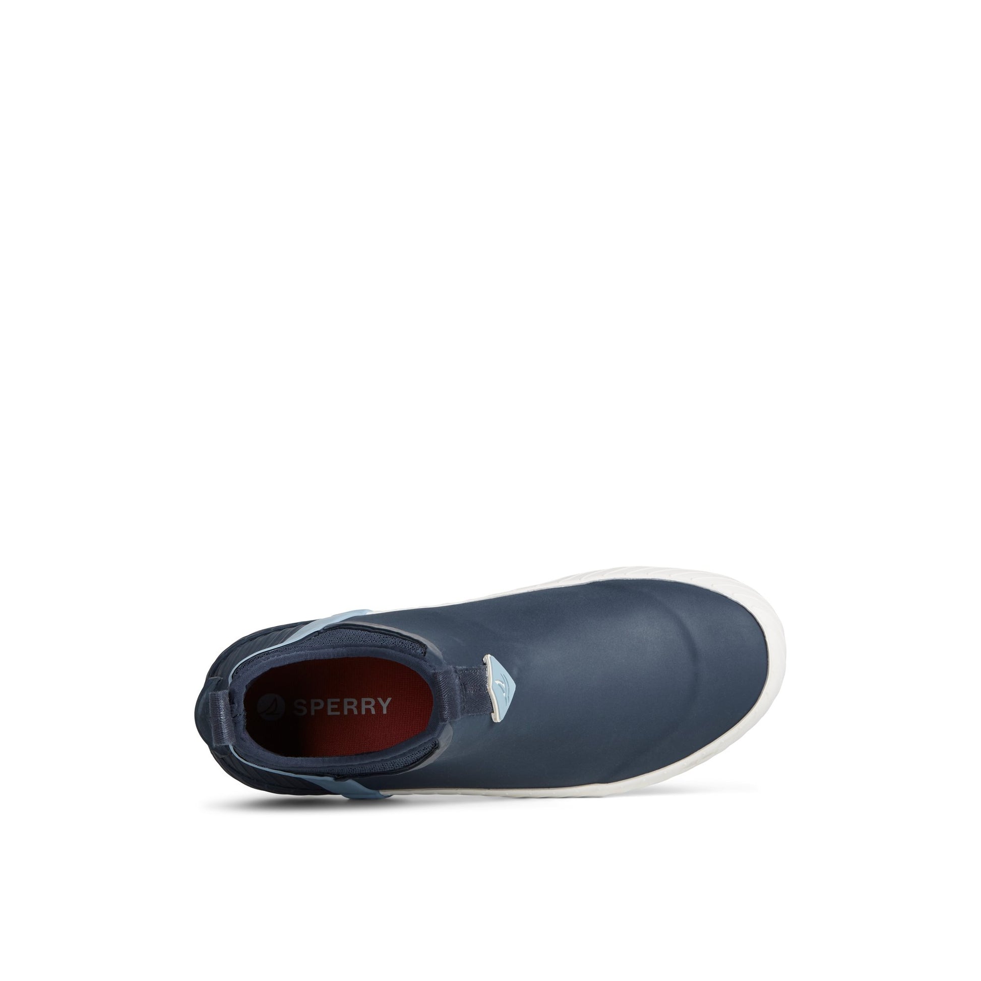 Top-down view of the Navy Cutwater Deck Boot Chelsea Rain Boot