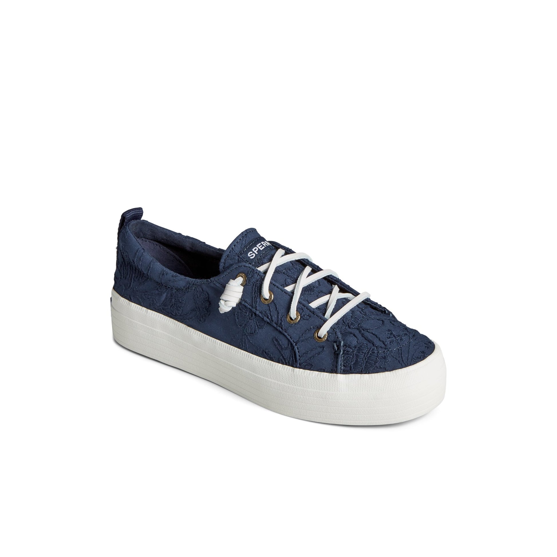 Three-quarter angle of Navy Crest Vibe Platform Lace Platform Sneaker Vulcanized Sneaker's front side