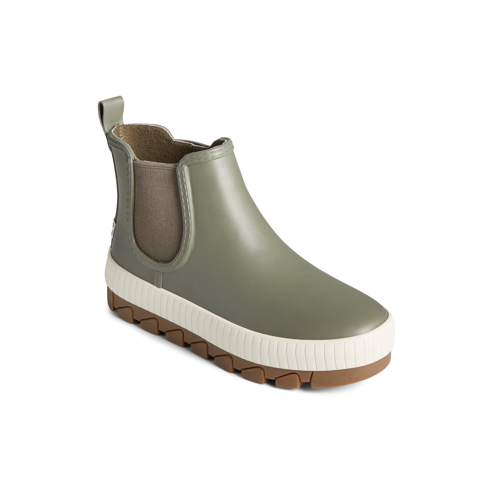Three-quarter angle of Medium Green Torrent Chelsea Waterproof Rain Boot Chelsea Rain Boot's front side