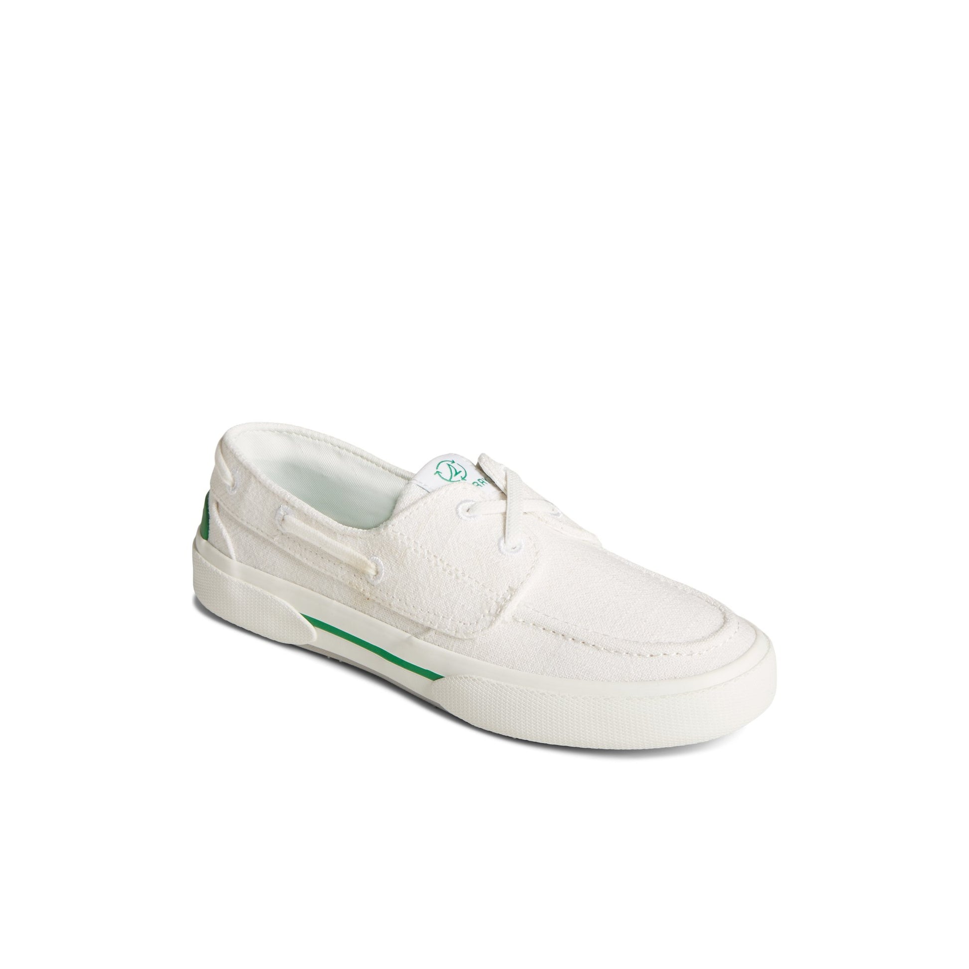Three-quarter angle of White Pierwave Boat Sneaker Vulcanized Boat Shoe Sneaker's front side