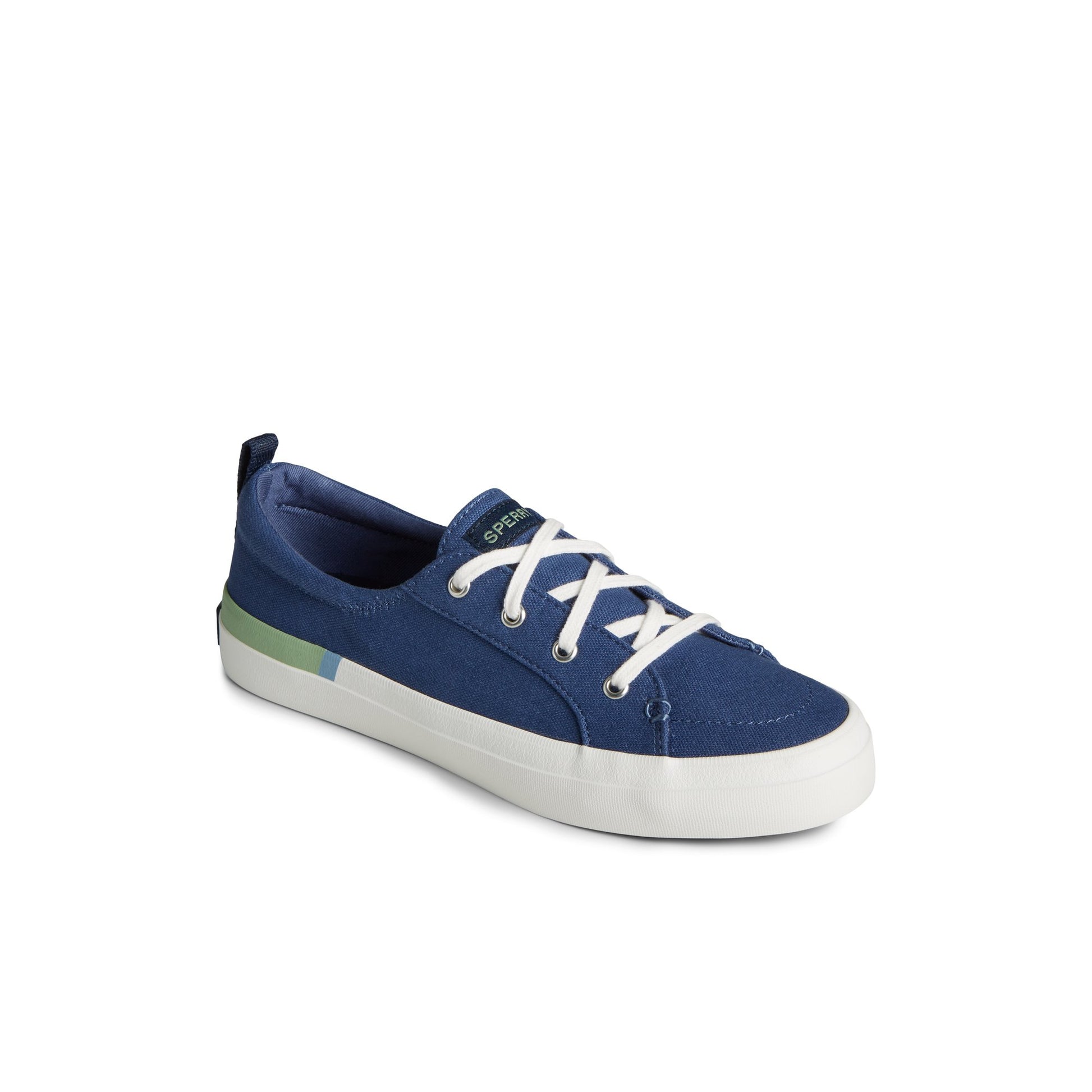 Three-quarter angle of Blue Crest Vibe Stripe Sneaker Vulcanized Sneaker Mule's front side