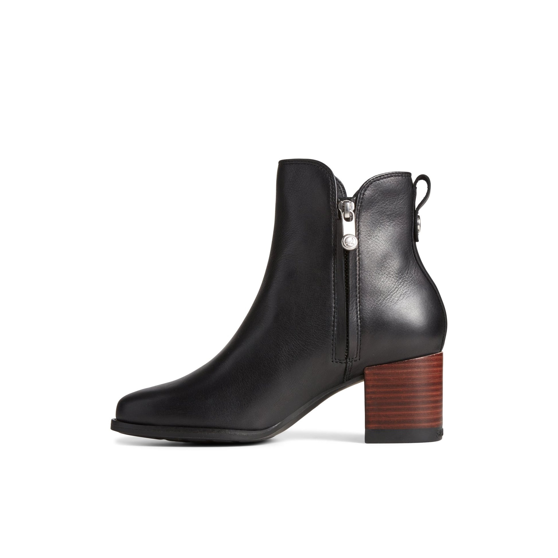 Side view of Black Seaport Heel Water Resistant Leather Boot Ankle Booties