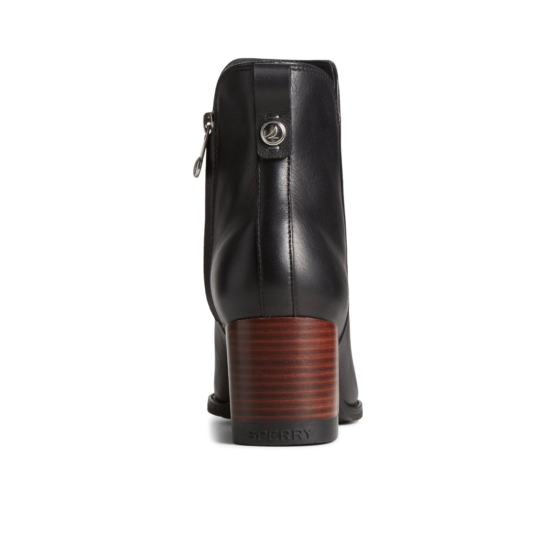 Close-up of the Black Seaport Heel Water Resistant Leather Boot Ankle Booties
