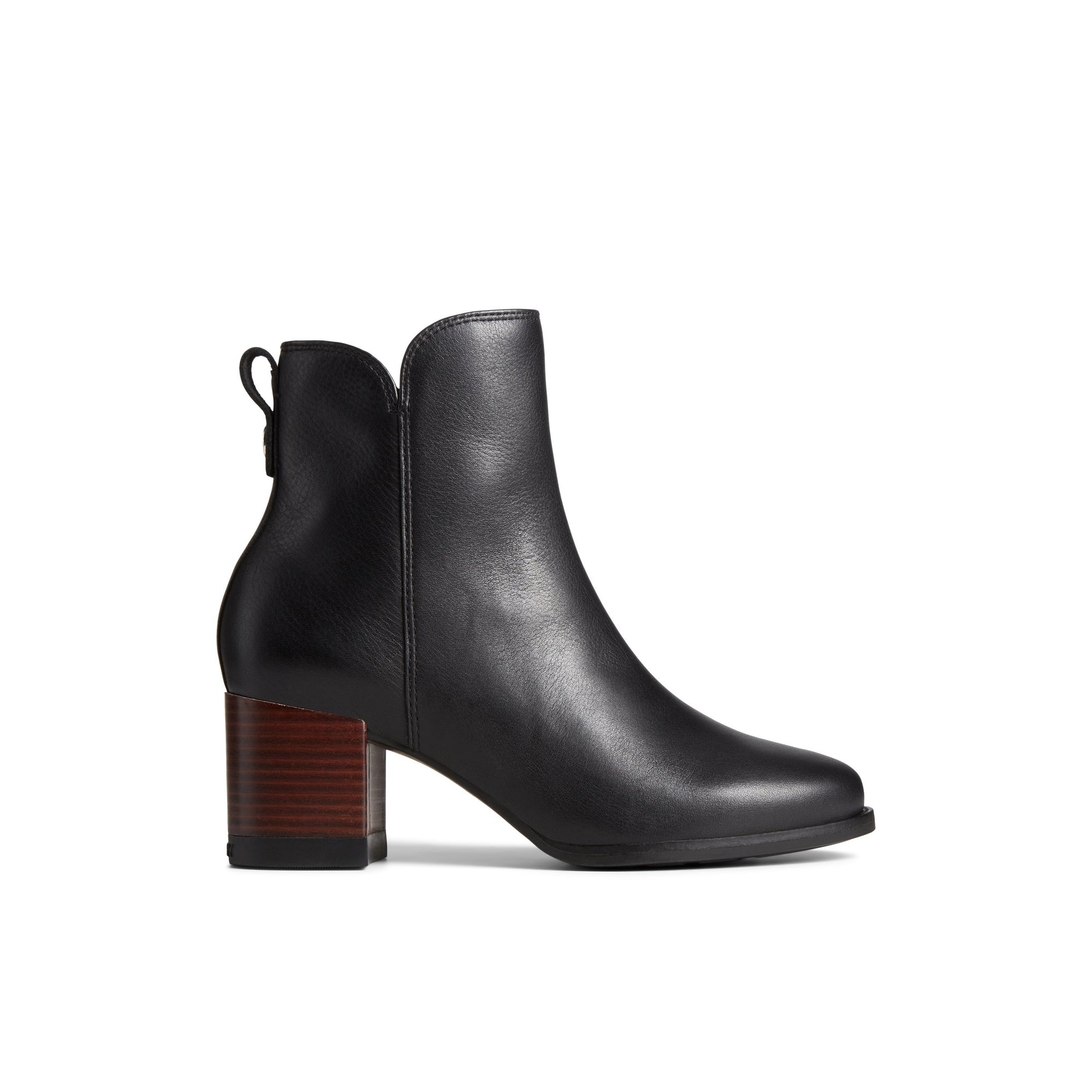Main View of Black Seaport Heel Water Resistant Leather Boot Ankle Booties for Womens