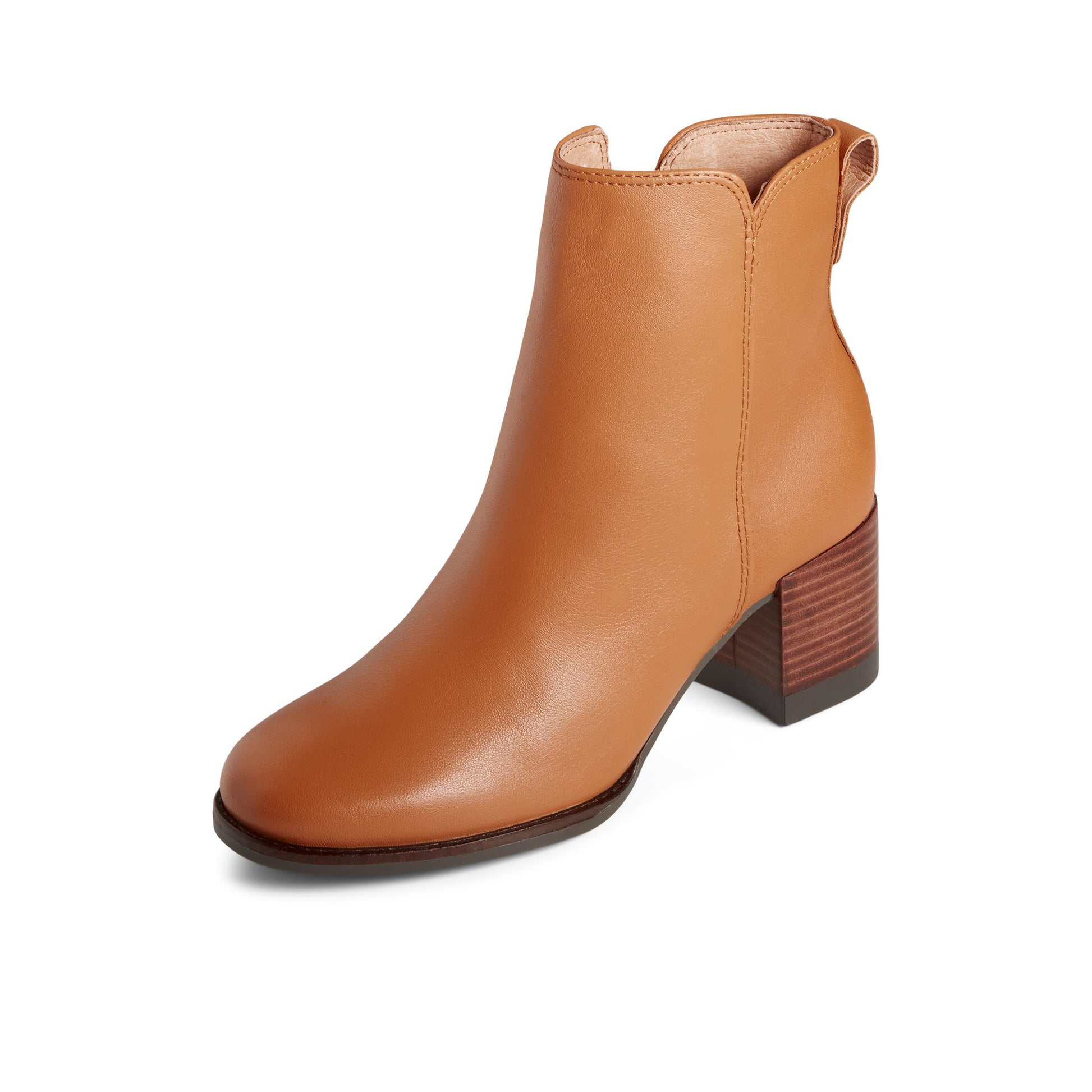 Three-quarter angle of Medium Beige Seaport Heel Water Resistant Leather Boot Ankle Booties's front side