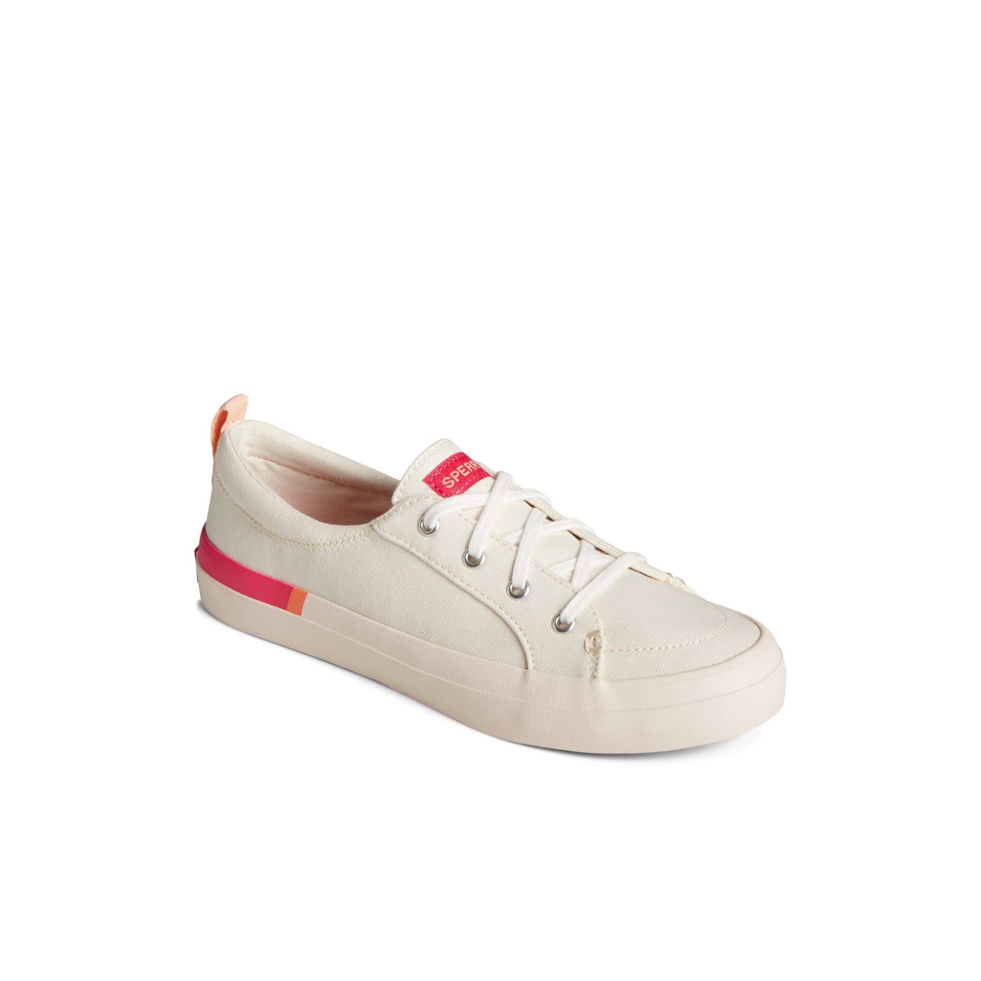 Three-quarter angle of Pink Crest Vibe Stripe Sneaker Vulcanized Sneaker Mule's front side