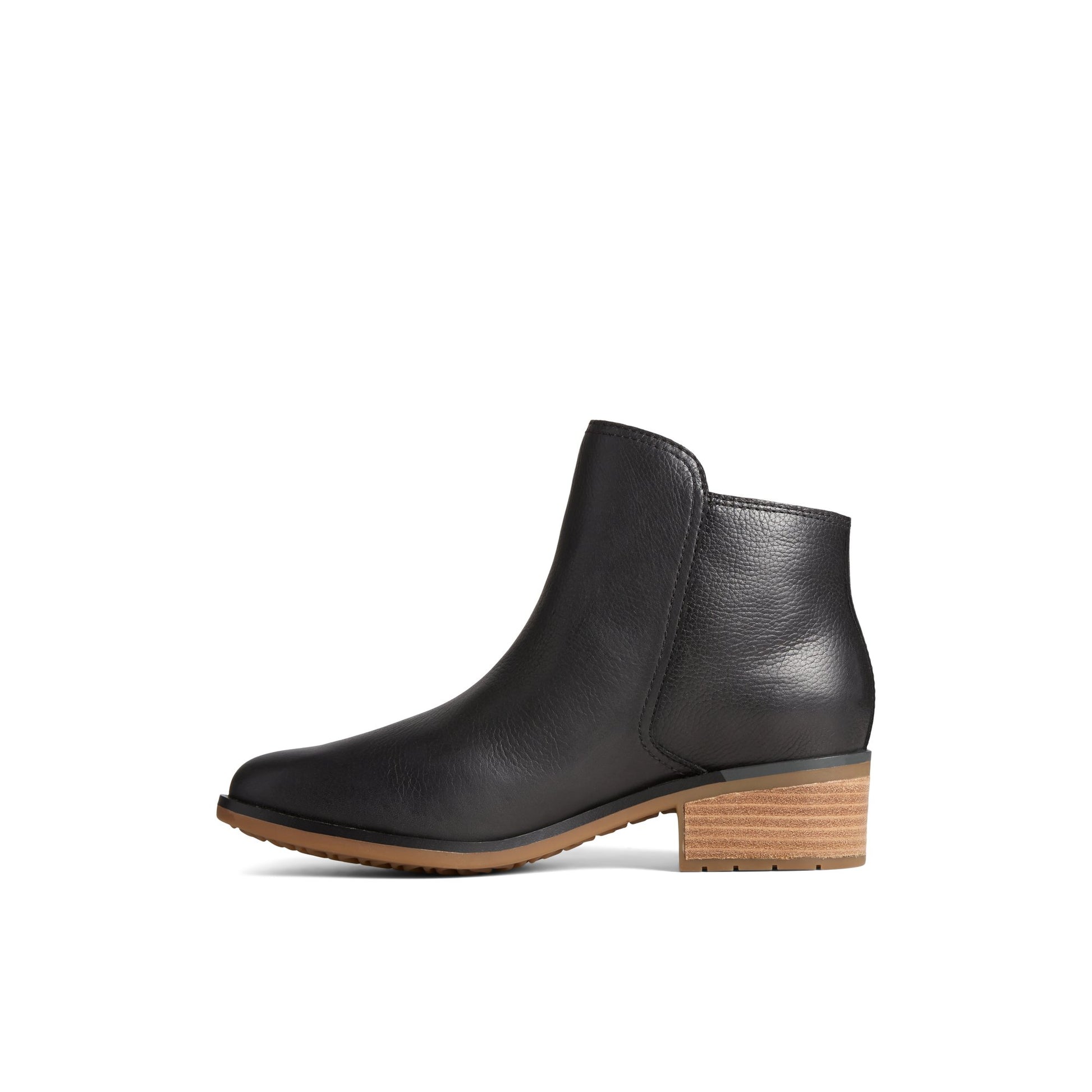 Side view of Black Seaport Storm Water Resistant Leather Boot Ankle Booties
