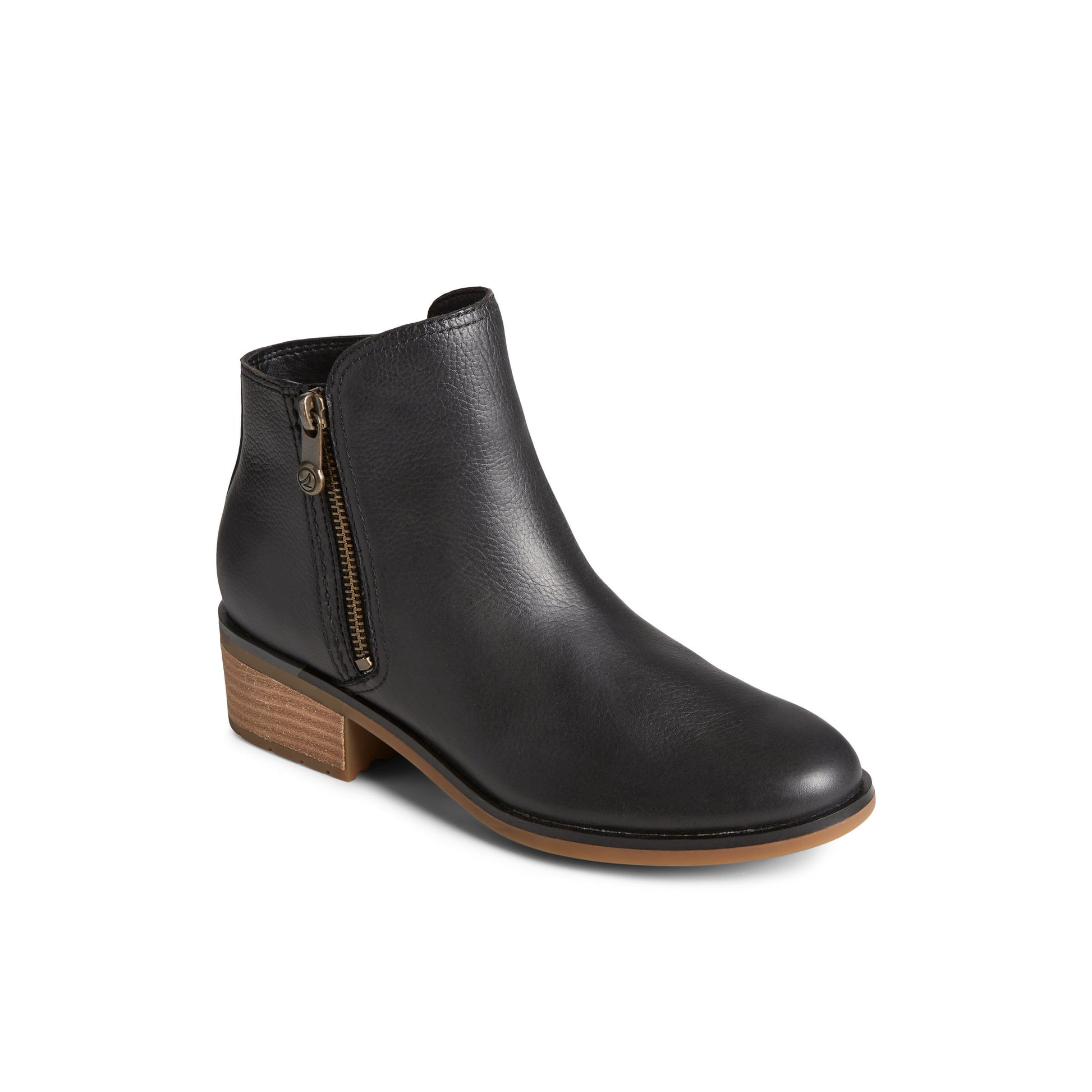 Three-quarter angle of Black Seaport Storm Water Resistant Leather Boot Ankle Booties's front side