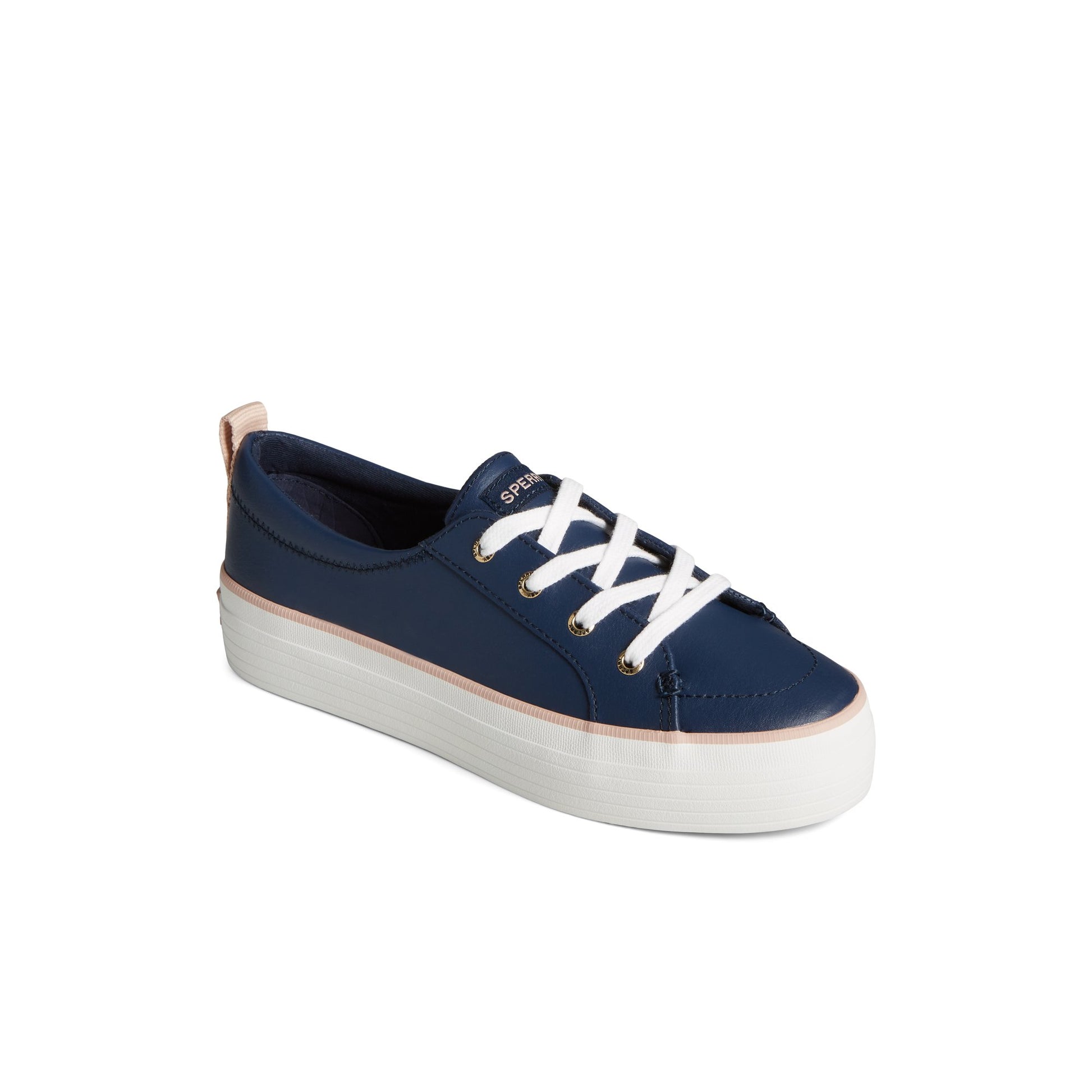 Three-quarter angle of Navy Crest Vibe Leather Platform Sneaker Vulcanized Sneaker's front side