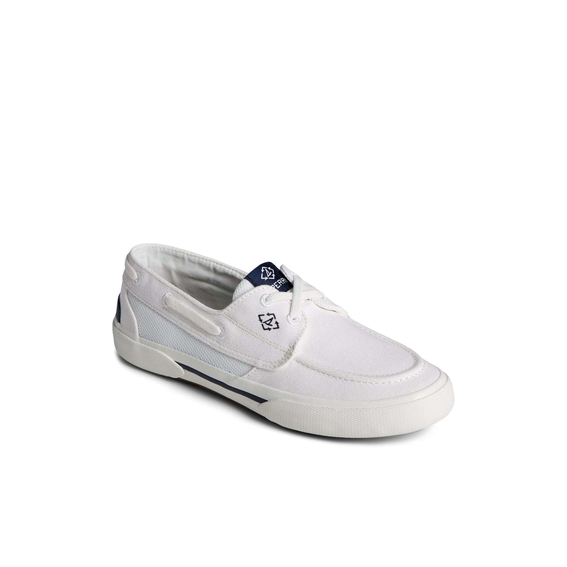 Three-quarter angle of White Pierwave Boat Sneaker Vulcanized Boat Shoe Sneaker's front side