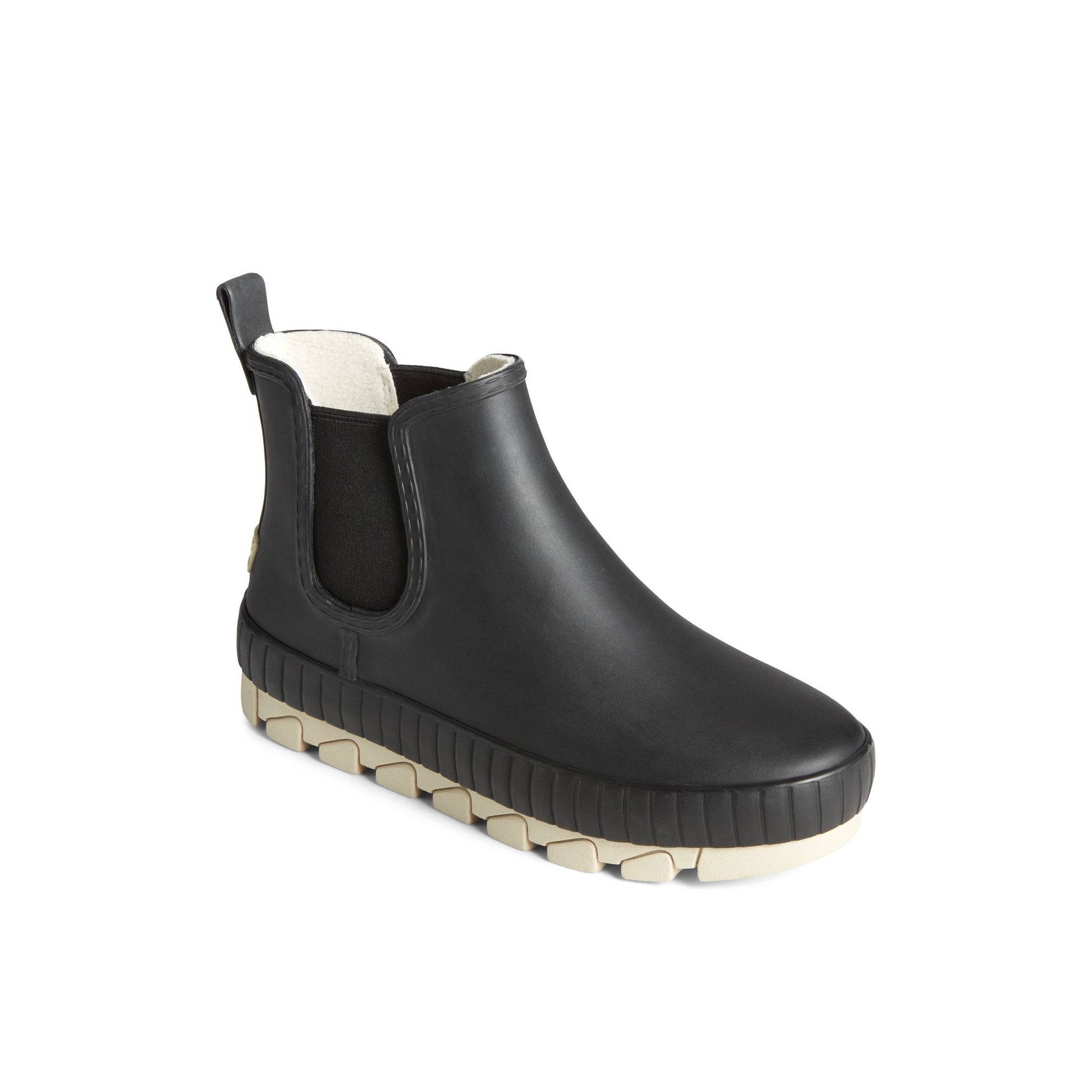 Three-quarter angle of Black Torrent Chelsea Matte Waterproof Rain Boot Chelsea Rain Boot's front side
