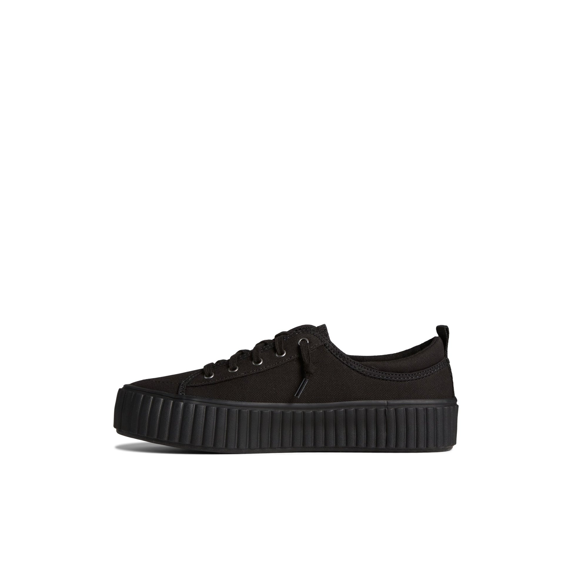 Side view of Black Pier Wave Platform Lace Up Sneaker Vulcanized Sneaker