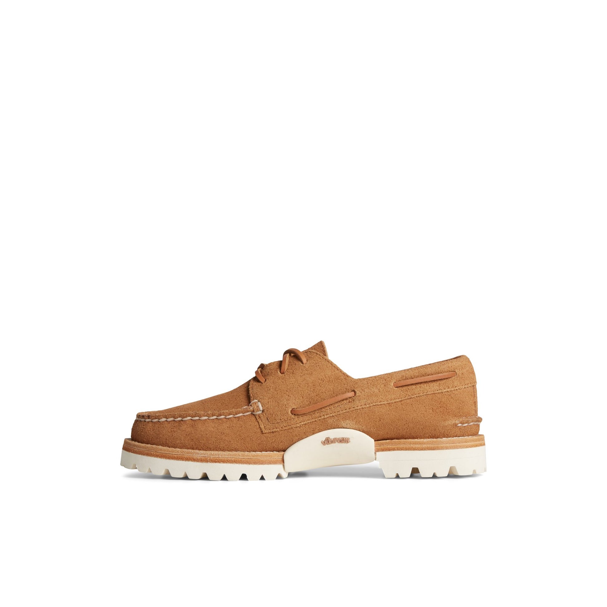Side view of Medium Beige Unisex Authentic Original  3-Eye Vibram Boat Shoe Boat Shoes
