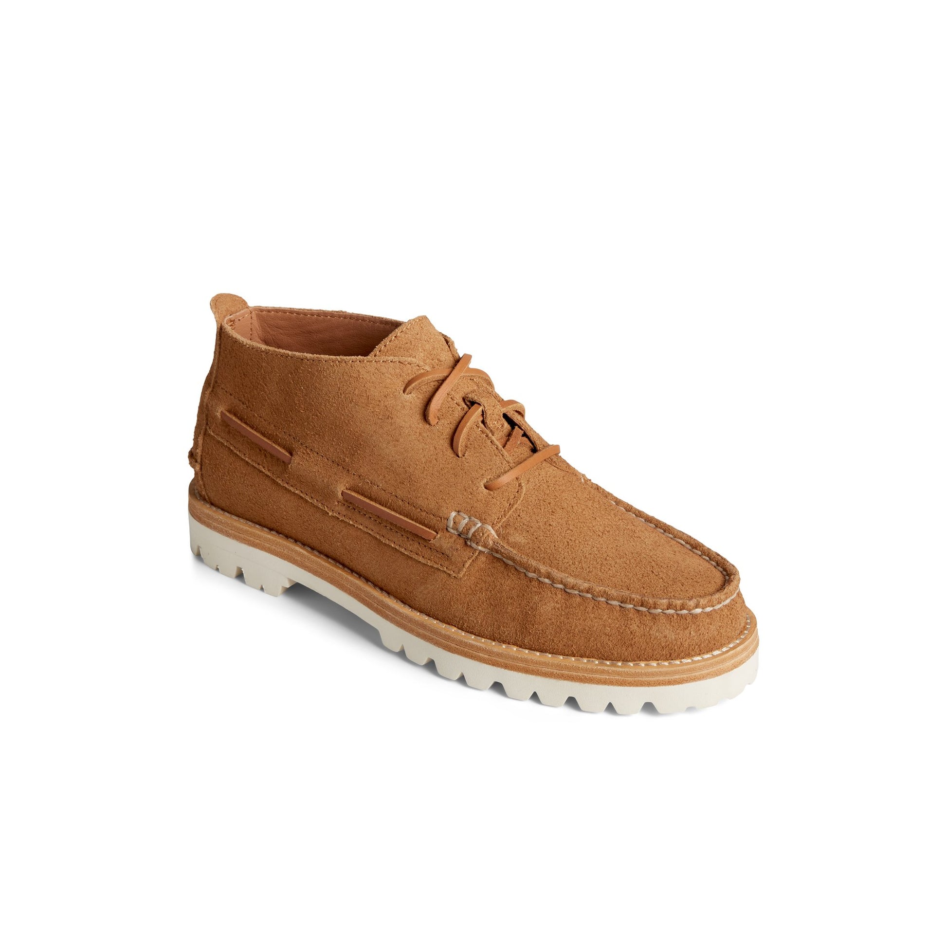Three-quarter angle of Medium Beige Authentic Original  Vibram Suede Chukka Chukka Boots's front side