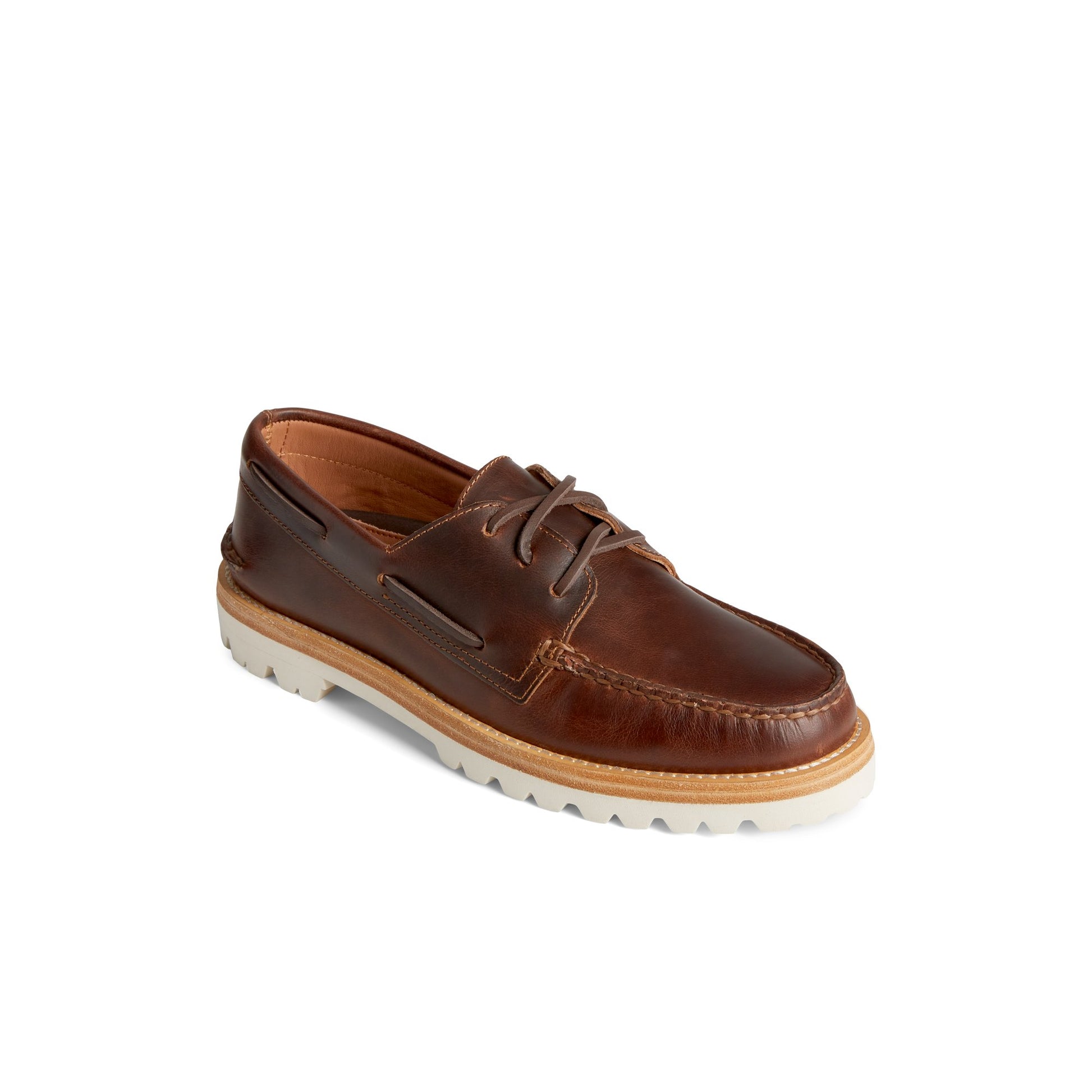 Three-quarter angle of Brown Unisex Authentic Original  3-Eye Vibram Boat Shoe Boat Shoes's front side