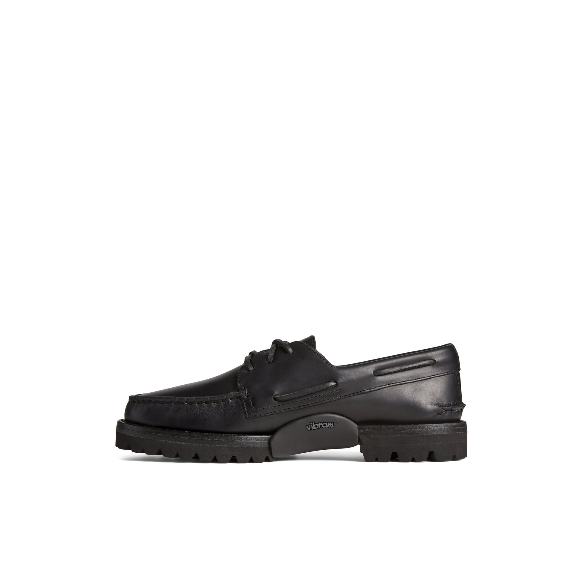 Side view of Black Unisex Authentic Original  3-Eye Vibram Boat Shoe Boat Shoes