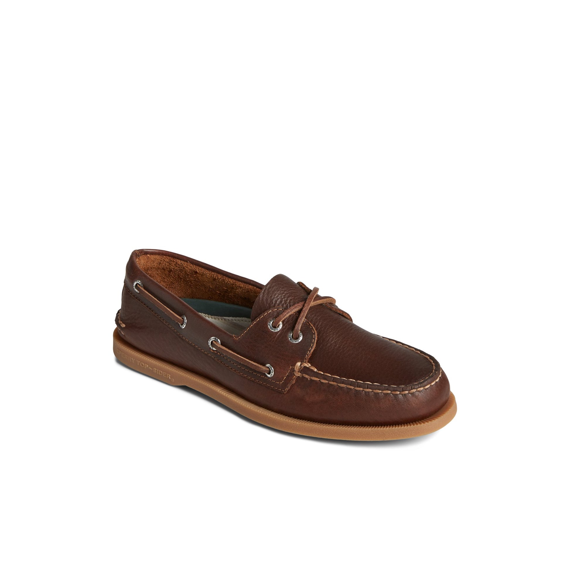 Three-quarter angle of Dark Beige Authentic Original™ Pull Up Leather Boat Shoe Boat Shoes's front side