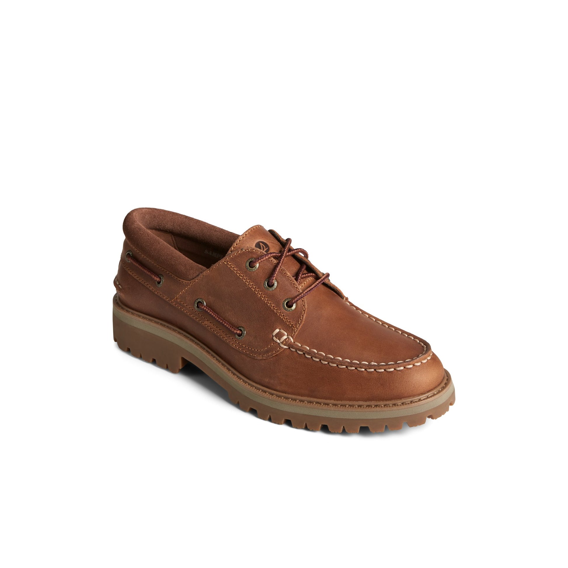Three-quarter angle of Medium Beige Authentic Original™ Unlined Lug 3-Eye Boat Shoe Boat Shoes's front side