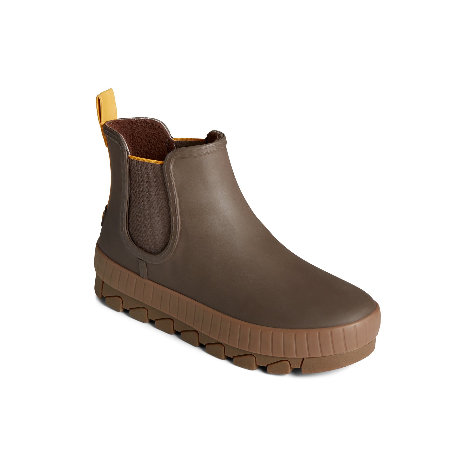 Three-quarter angle of Brown Torrent Chelsea Waterproof Rain Boot Chelsea Rain Boot's front side
