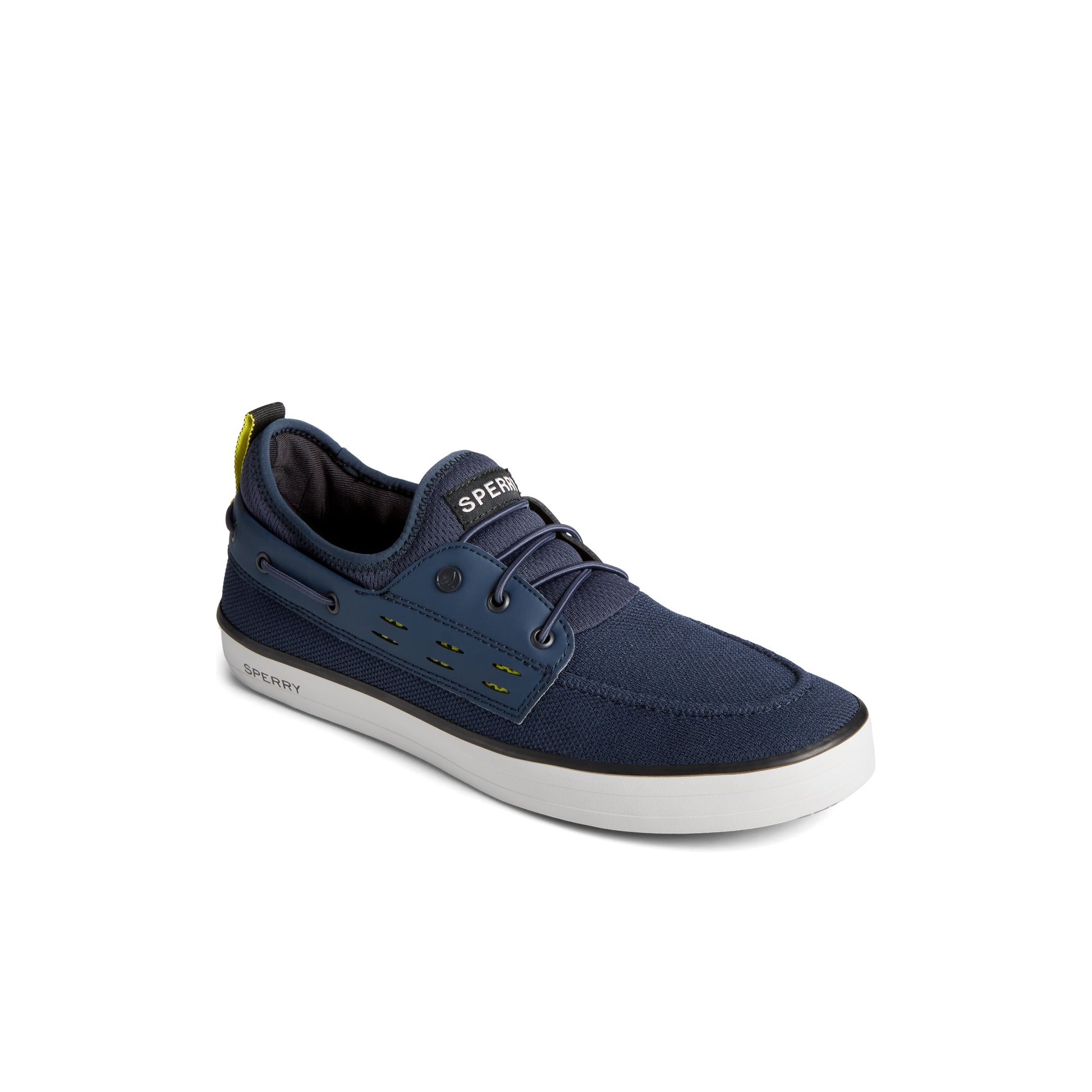 Three-quarter angle of Navy SeaCycled™ Fairlead Boat Sneaker Vulcanized Sneaker's front side