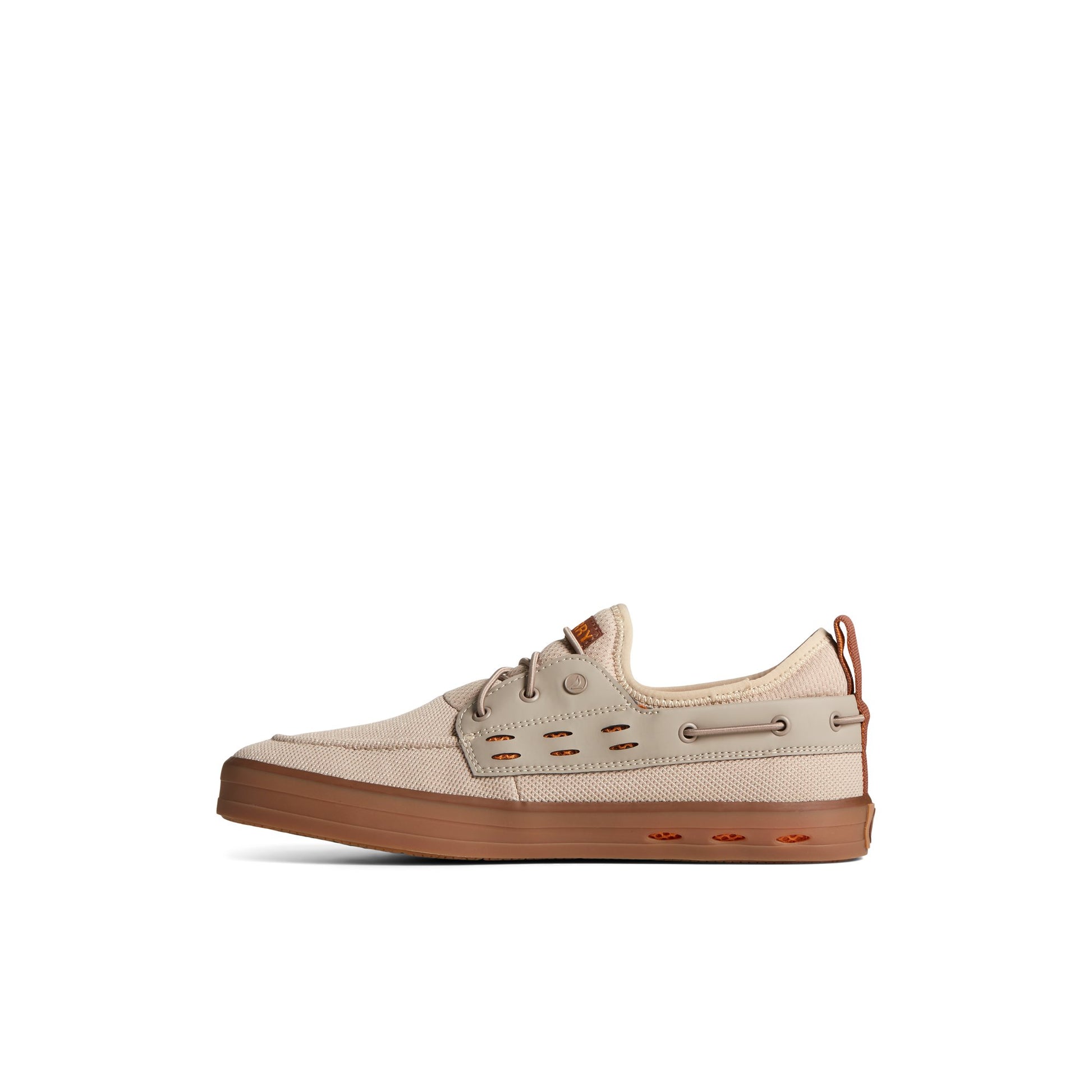 Side view of Medium Beige SeaCycled™ Fairlead Boat Sneaker Vulcanized Sneaker