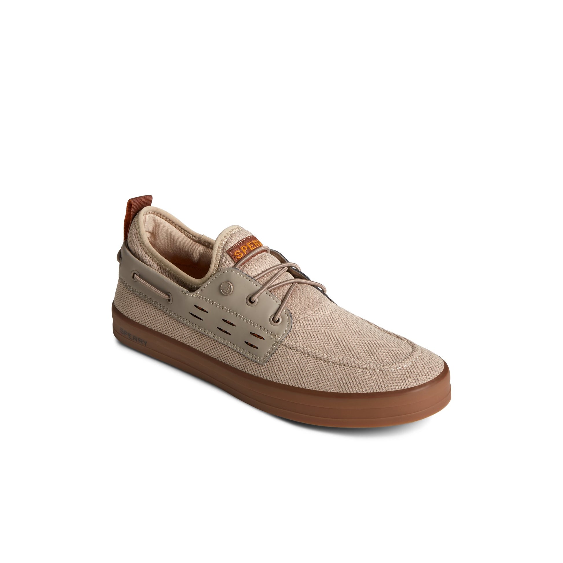 Three-quarter angle of Medium Beige SeaCycled™ Fairlead Boat Sneaker Vulcanized Sneaker's front side