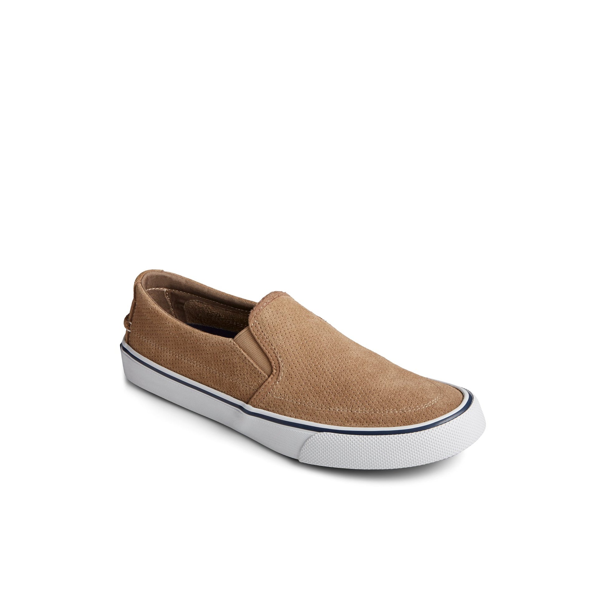 Three-quarter angle of Medium Beige Striper II Twin Gore Perforated Slip On Sneaker Vulcanized Slip-on Sneaker's front side