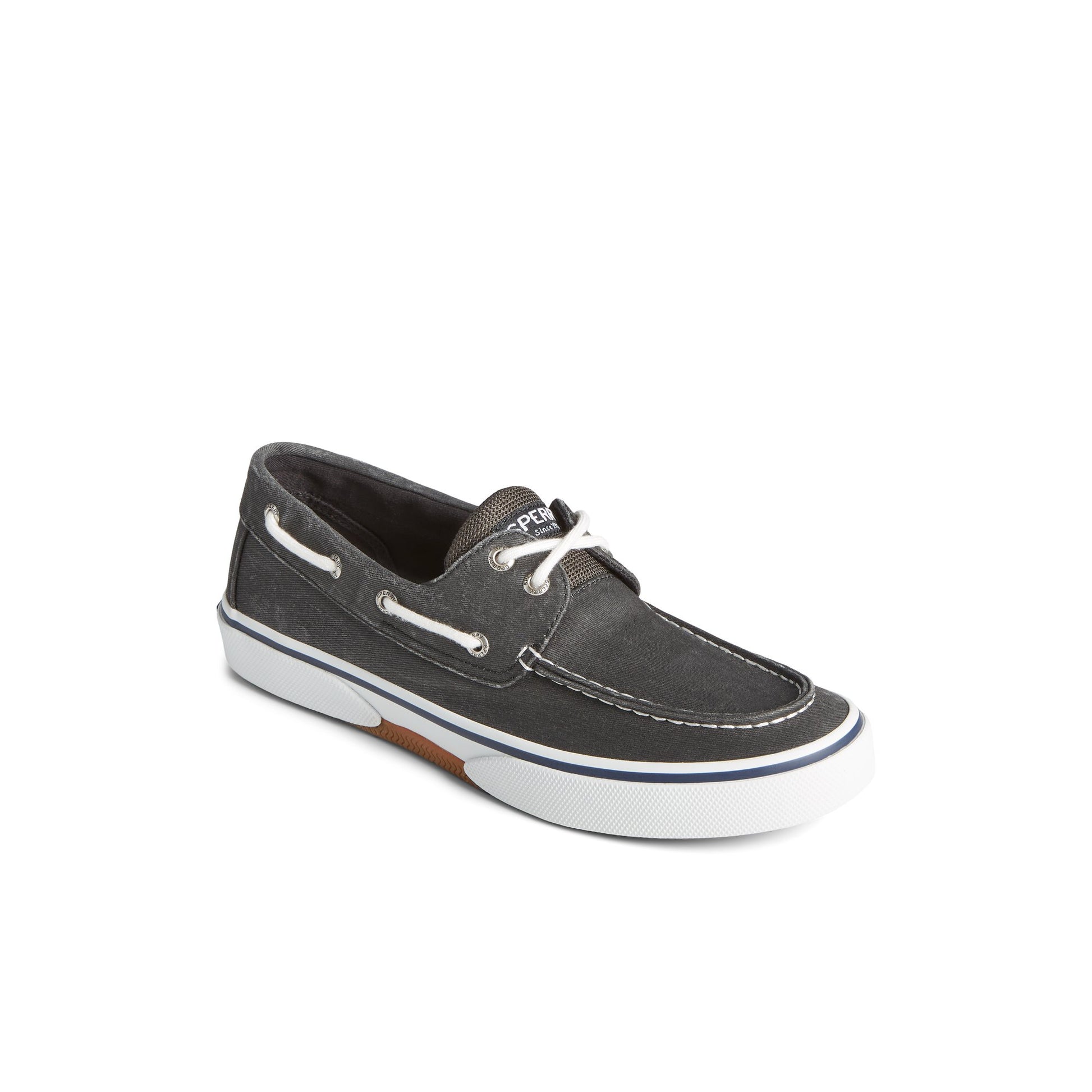 Three-quarter angle of Black Halyard 2-Eye Salt Washed Boat Shoe Vulcanized Boat Shoe Sneaker's front side