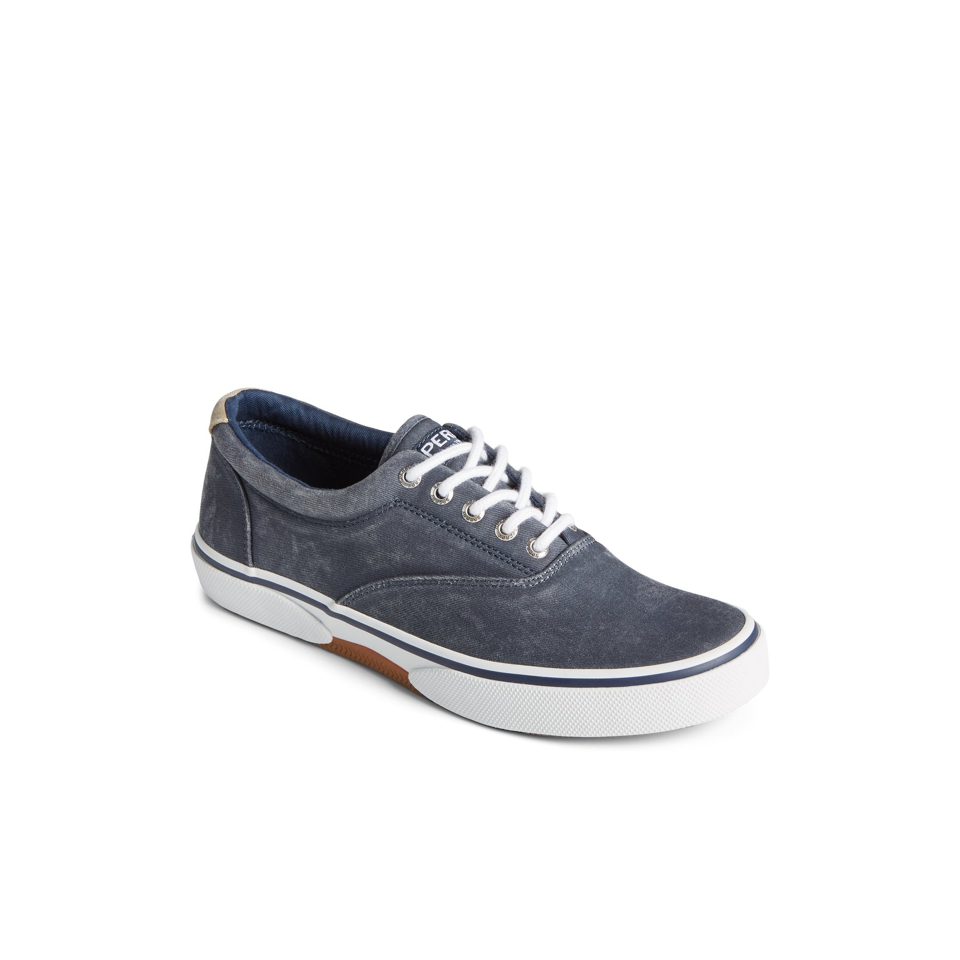 Three-quarter angle of Navy Halyard CVO Salt Washed Sneaker Vulcanized Sneaker's front side