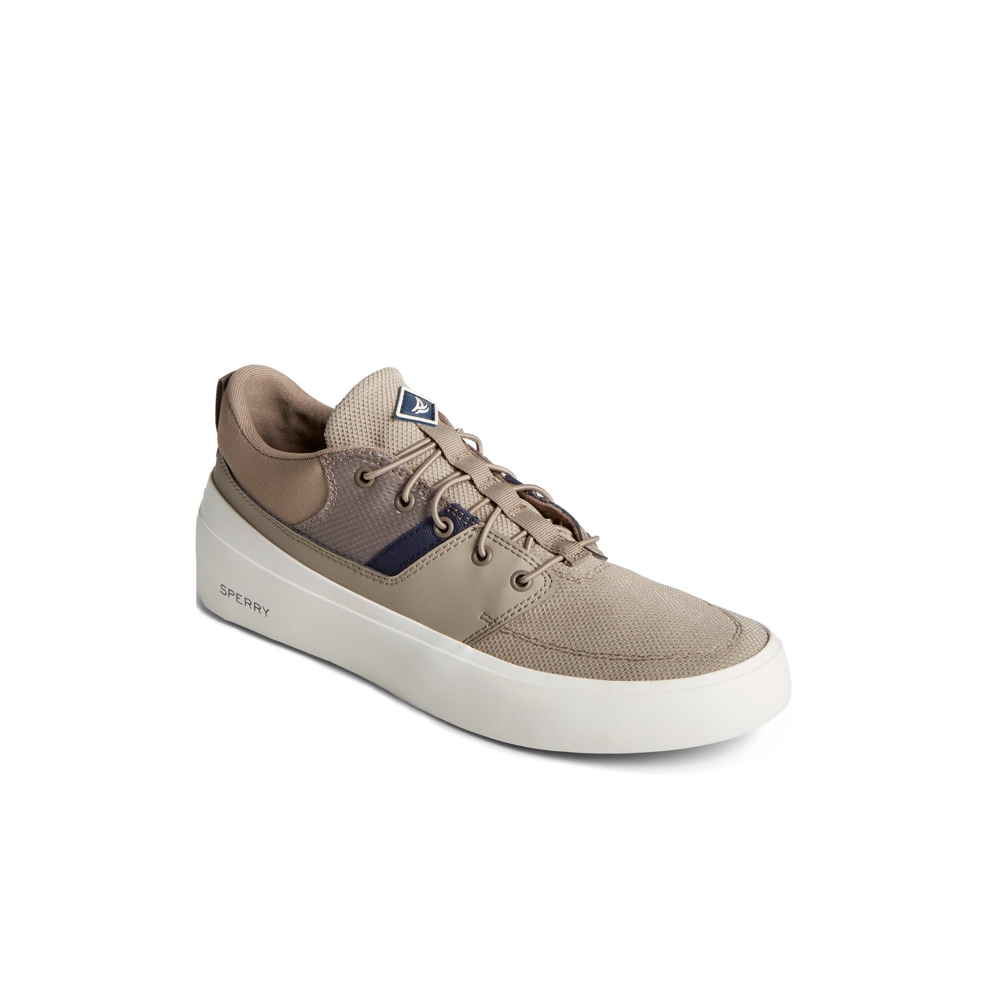 Three-quarter angle of Medium Beige SeaCycled™ Fairlead Sneaker Vulcanized Sneaker's front side