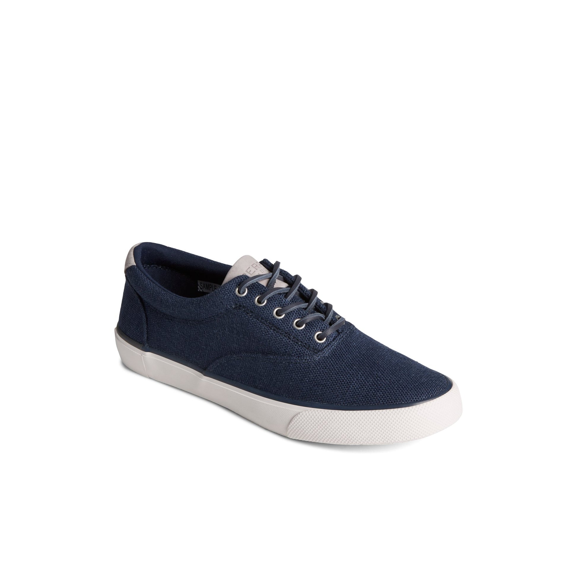 Three-quarter angle of Navy SeaCycled™ Striper II CVO Baja Sneaker Vulcanized Sneaker's front side