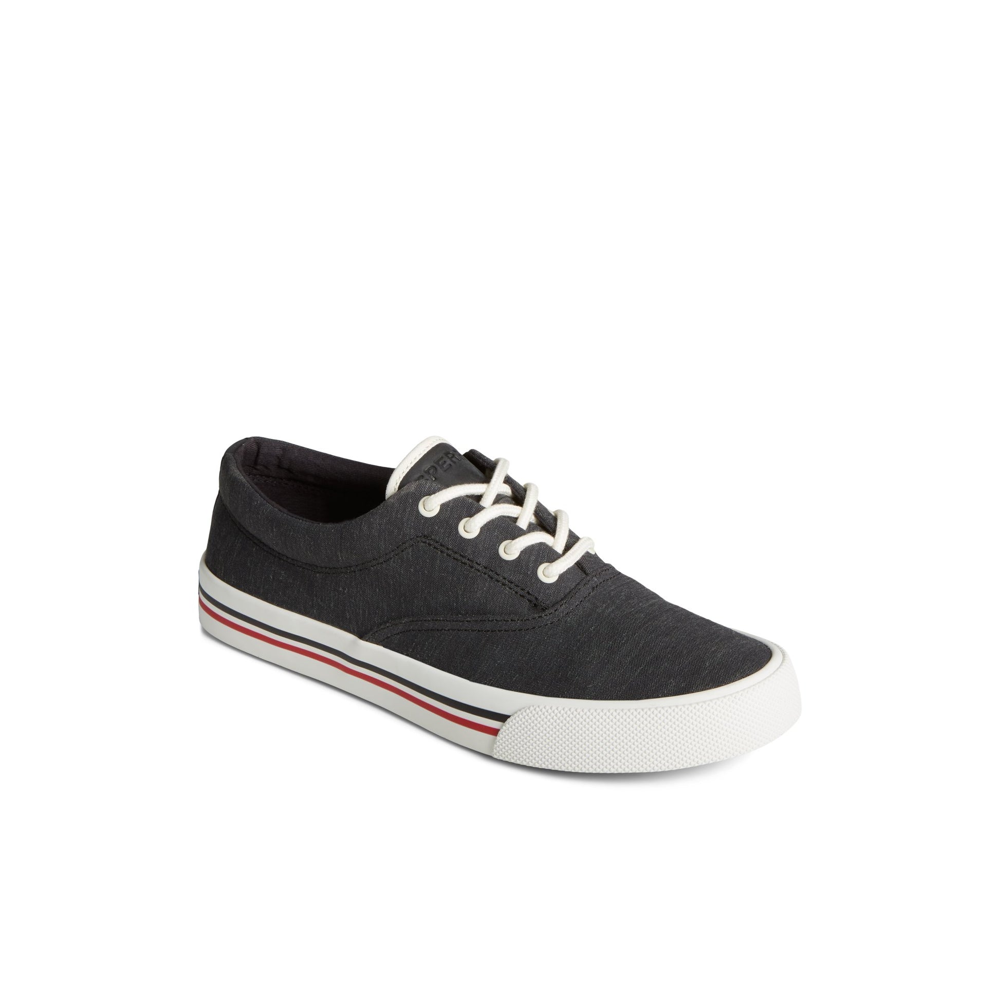 Three-quarter angle of Black Striper II Linen CVO Sneaker Vulcanized Sneaker's front side