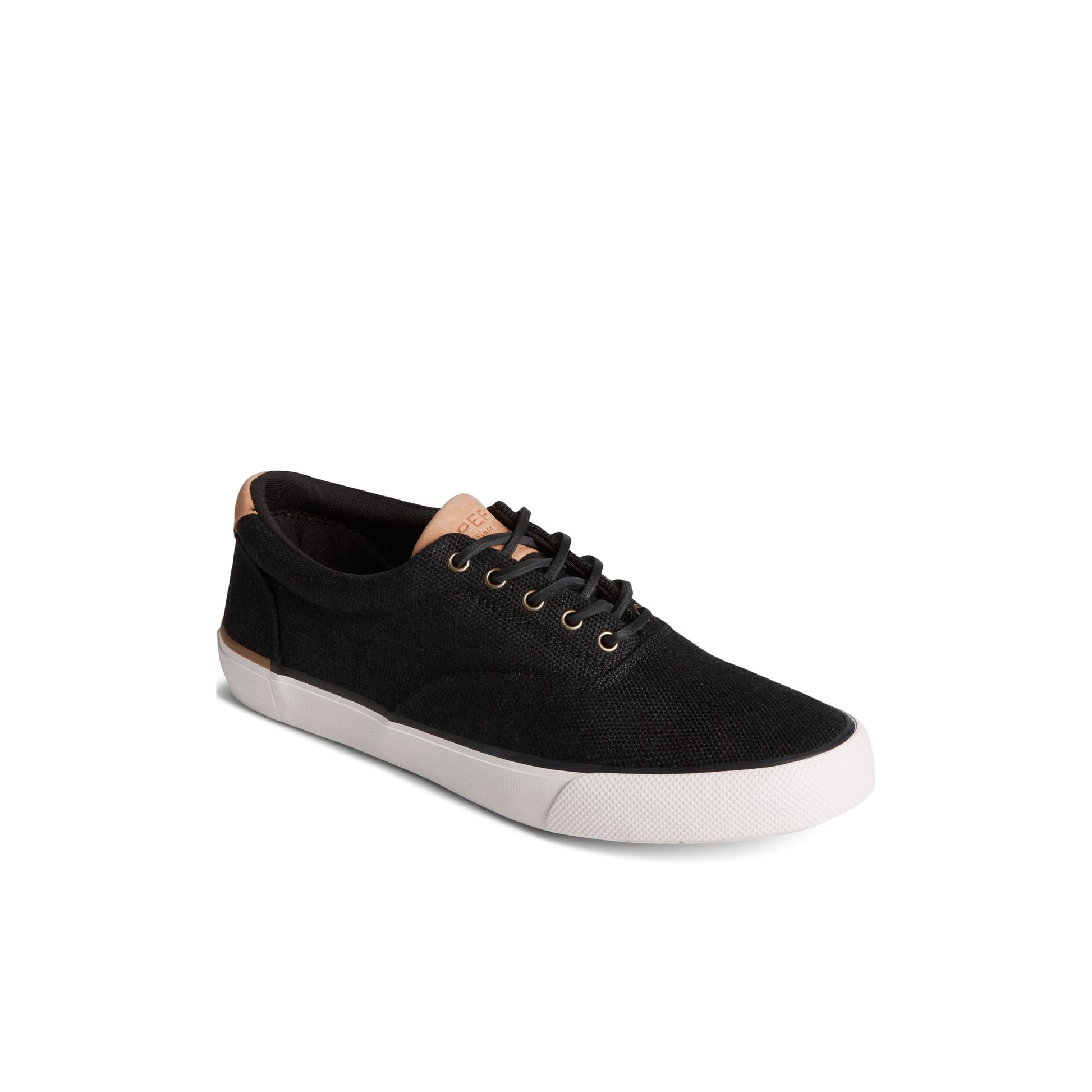 Three-quarter angle of Black SeaCycled™ Striper II CVO Baja Sneaker Vulcanized Sneaker's front side