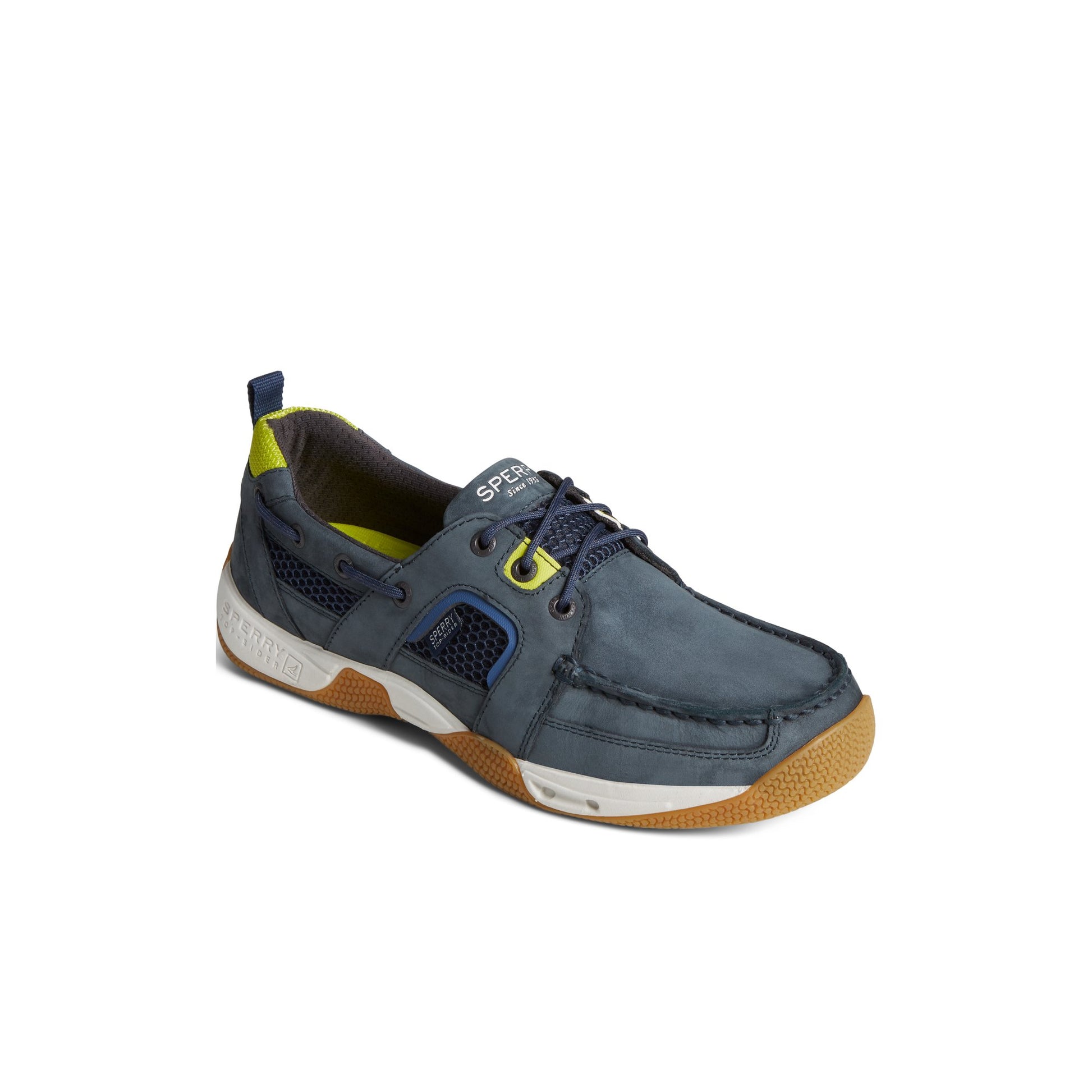 Three-quarter angle of Navy Sea Kite Sport Moc Boat Shoe Boat Shoe Sneaker's front side