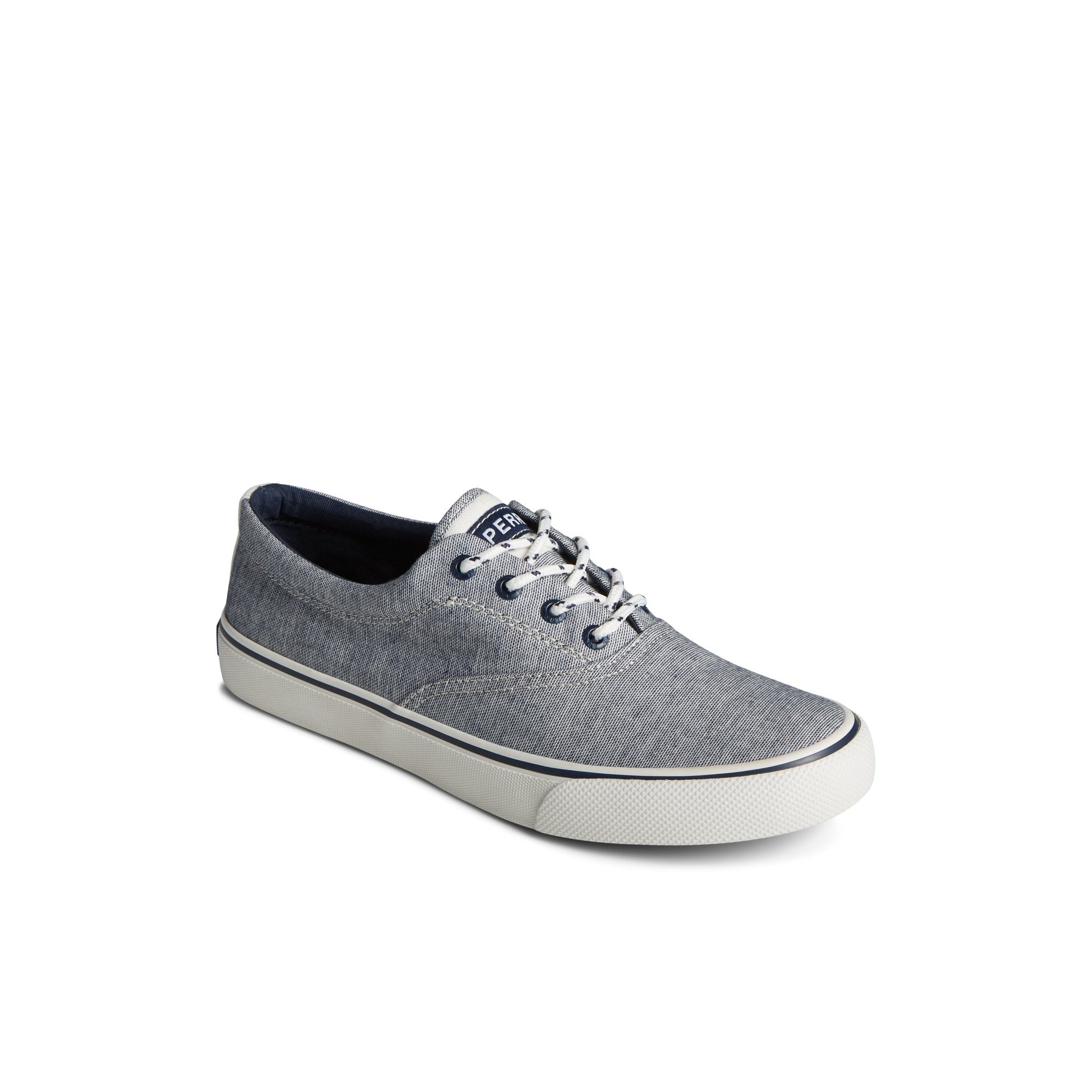 Three-quarter angle of Navy Striper II Chambray Sneaker Vulcanized Sneaker's front side