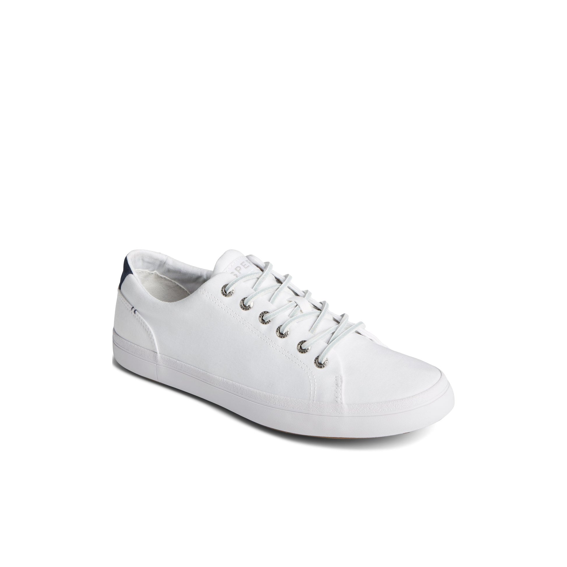 Three-quarter angle of White SeaCycled™ Striper II Textile Sneaker Vulcanized Sneaker's front side