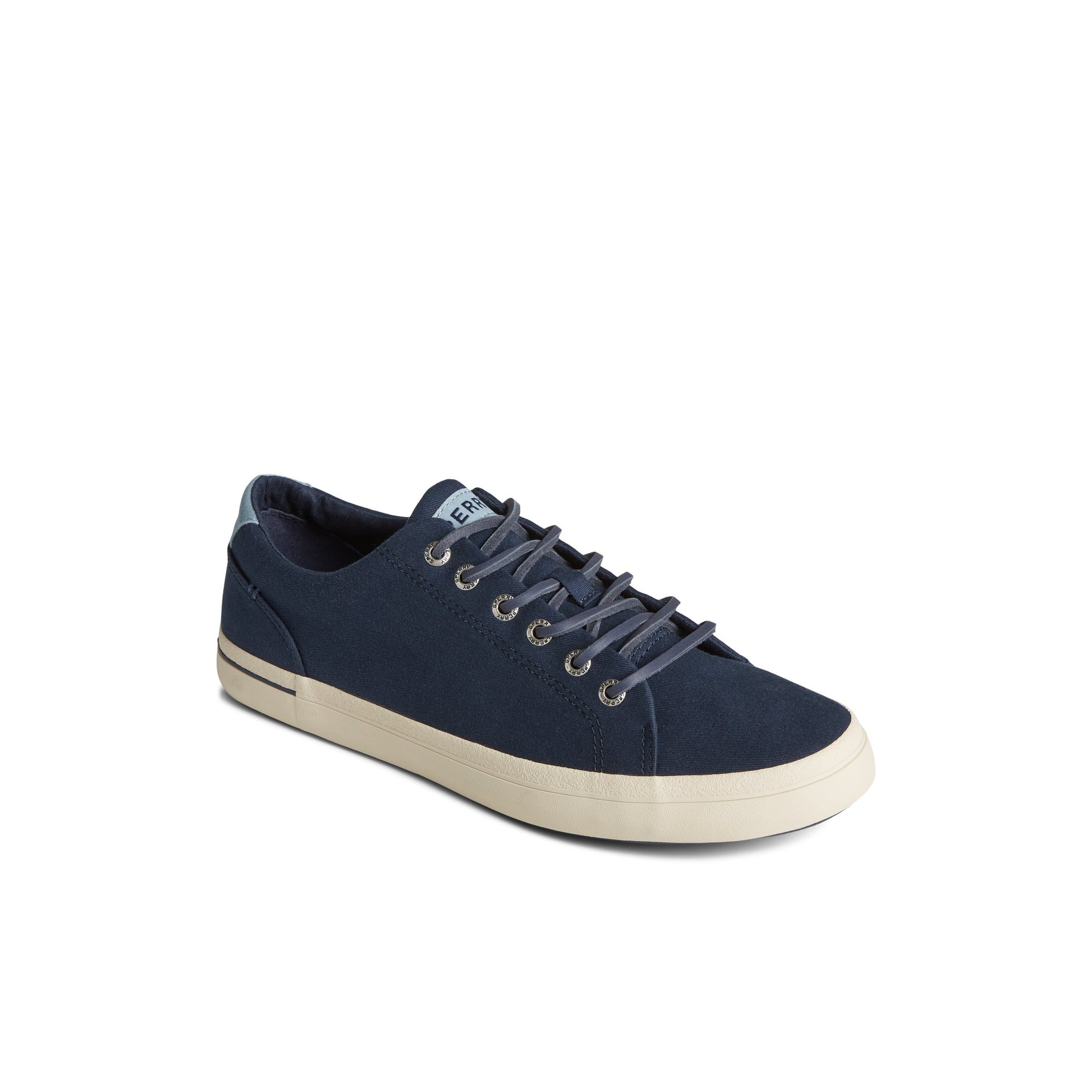 Three-quarter angle of Navy SeaCycled™ Striper II Textile Sneaker Vulcanized Sneaker's front side