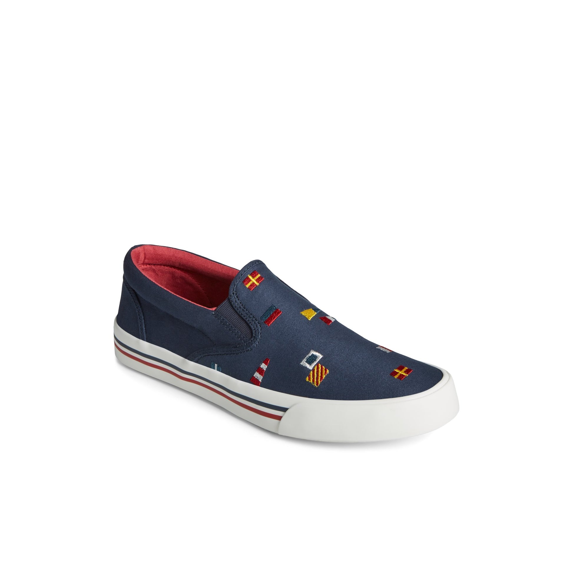 Three-quarter angle of Navy Striper II Nautical Slip On Sneaker Vulcanized Slip-on Sneaker's front side