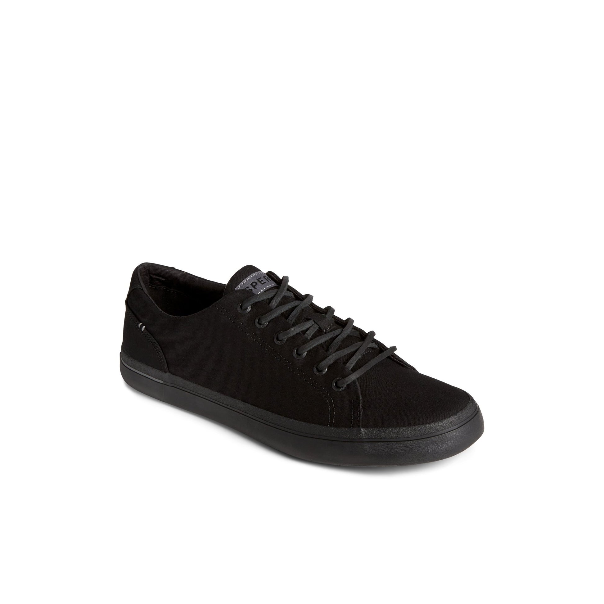Three-quarter angle of Black SeaCycled™ Striper II Textile Sneaker Vulcanized Sneaker's front side