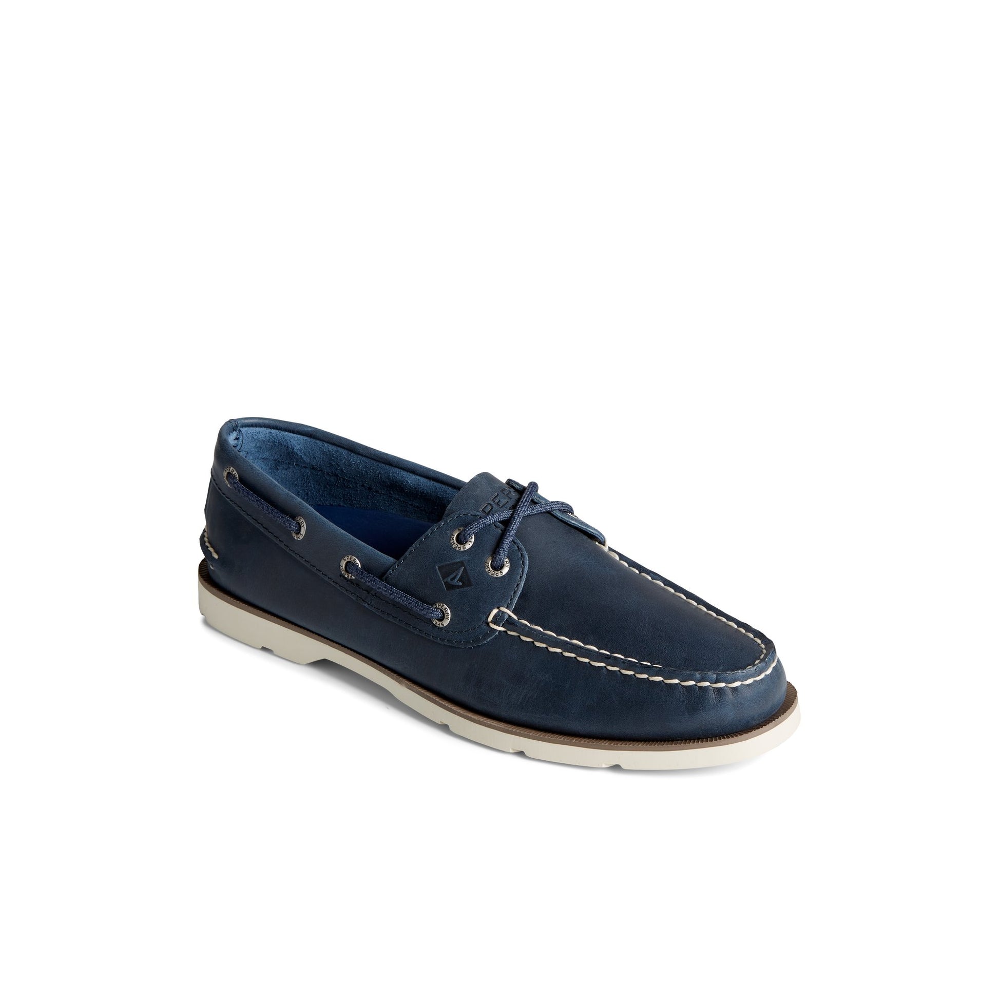 Three-quarter angle of Navy Leeward Two-Tone Boat Shoe Boat Shoes's front side