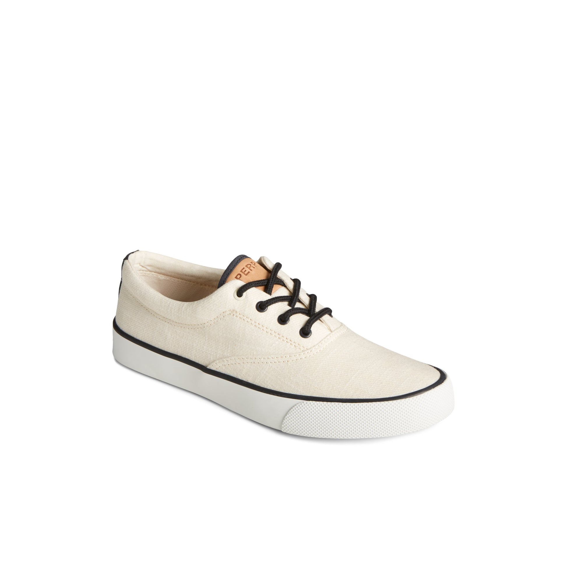 Three-quarter angle of White Striper II Slub Linen Sneaker Vulcanized Sneaker's front side