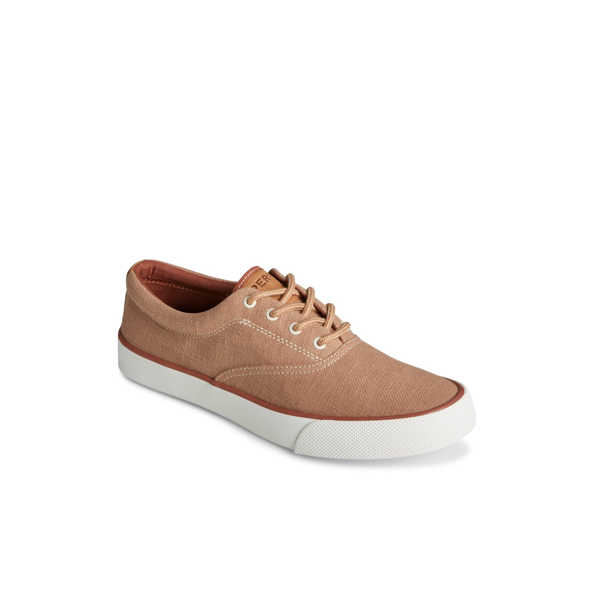 Three-quarter angle of Medium Beige Striper II Slub Linen Sneaker Vulcanized Sneaker's front side